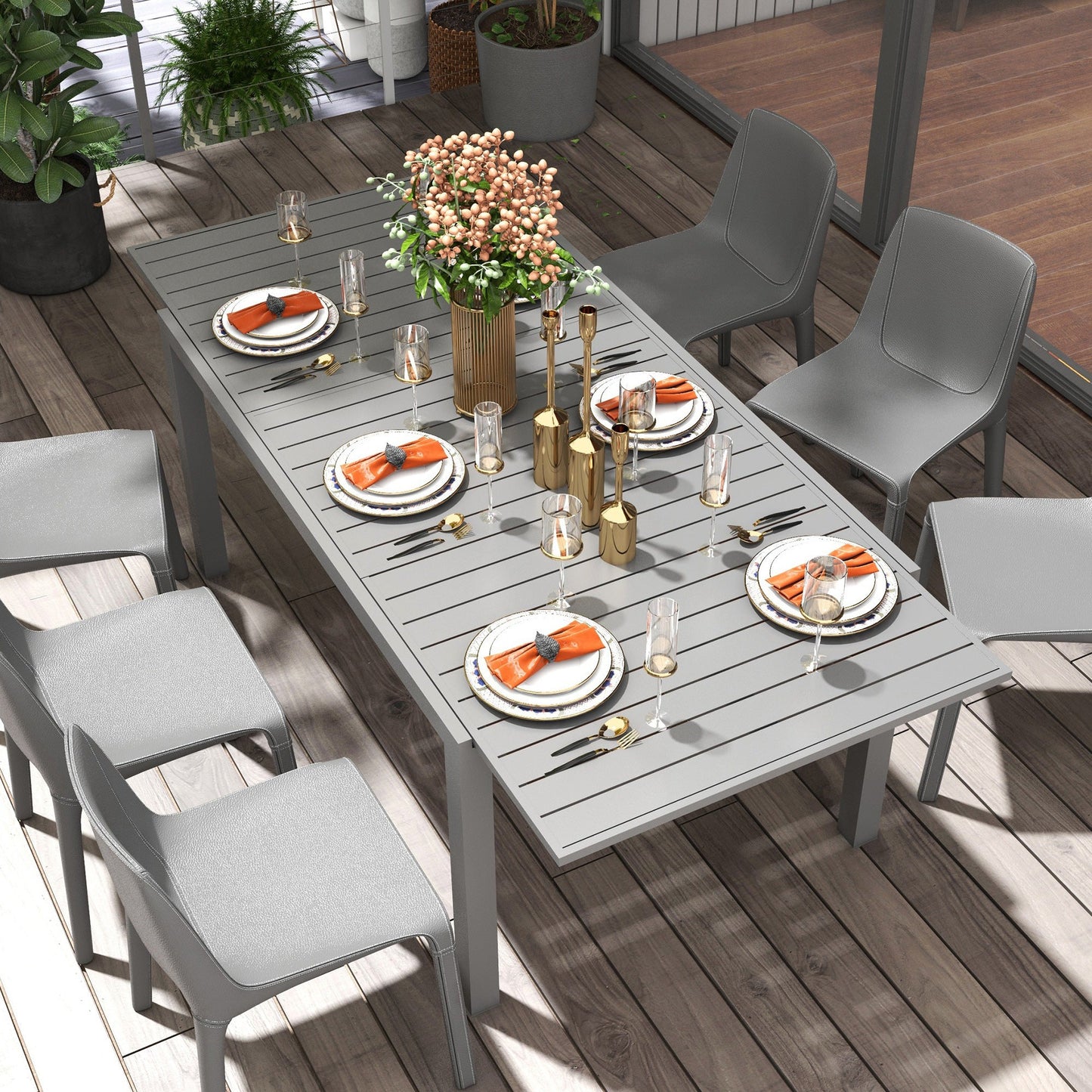 Expandable Outdoor Dining Table for 6-8 People, Patio Dining Table with Aluminum Frame & Slatted Tabletop, Rectangle Patio Table for Garden, Lawn, Balcony, Charcoal Grey