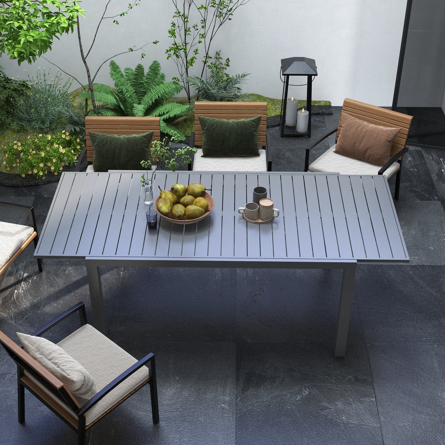 Expandable Outdoor Dining Table for 6-8 People, Patio Dining Table with Aluminum Frame & Slatted Tabletop, Rectangle Patio Table for Garden, Lawn, Balcony, Charcoal Grey