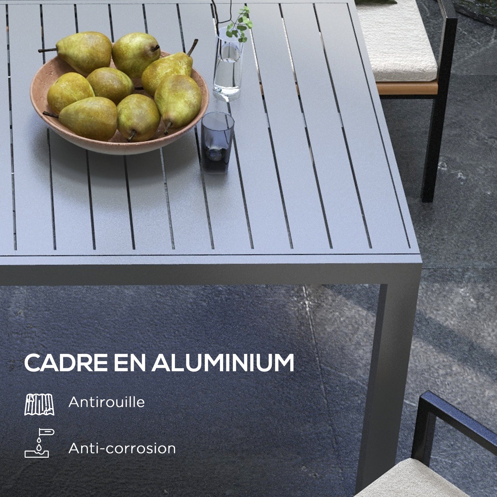Expandable Outdoor Dining Table for 6-8 People, Patio Dining Table with Aluminum Frame & Slatted Tabletop, Rectangle Patio Table for Garden, Lawn, Balcony, Charcoal Grey
