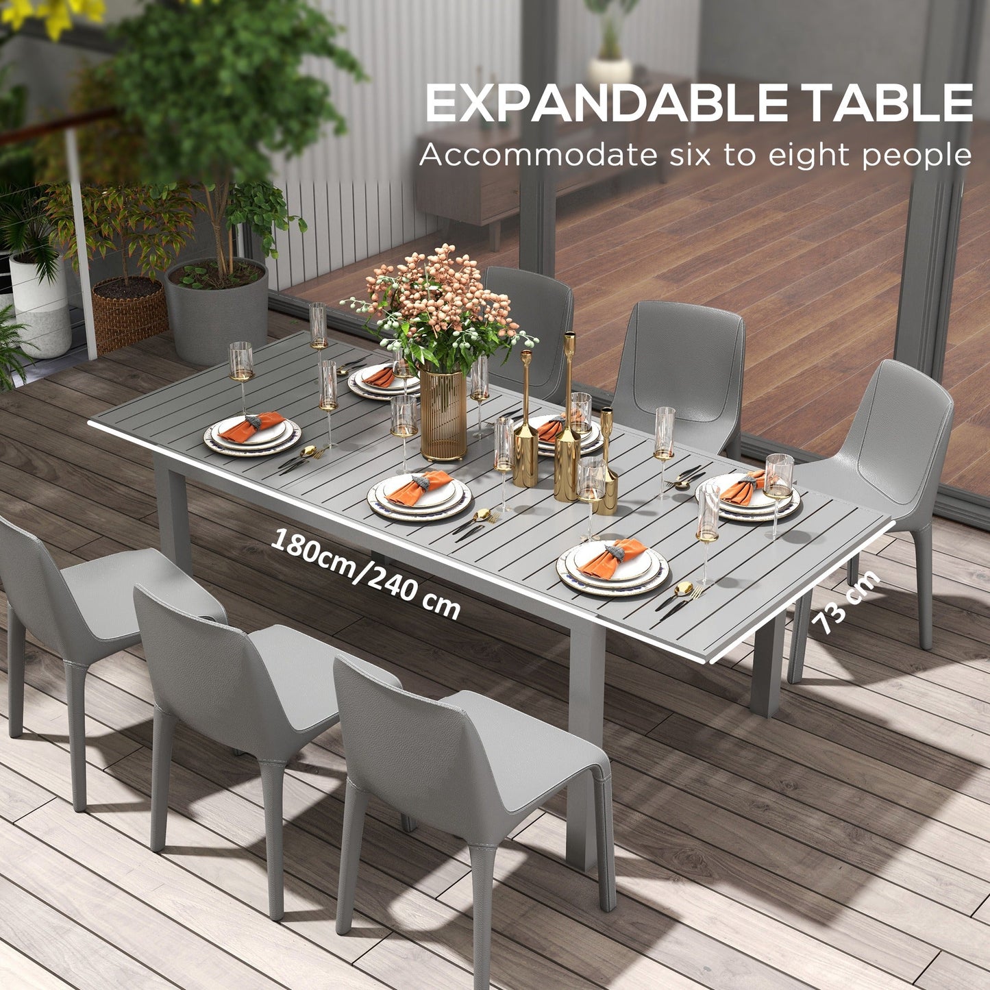 Expandable Outdoor Dining Table for 6-8 People, Patio Dining Table with Aluminum Frame & Slatted Tabletop, Rectangle Patio Table for Garden, Lawn, Balcony, Charcoal Grey