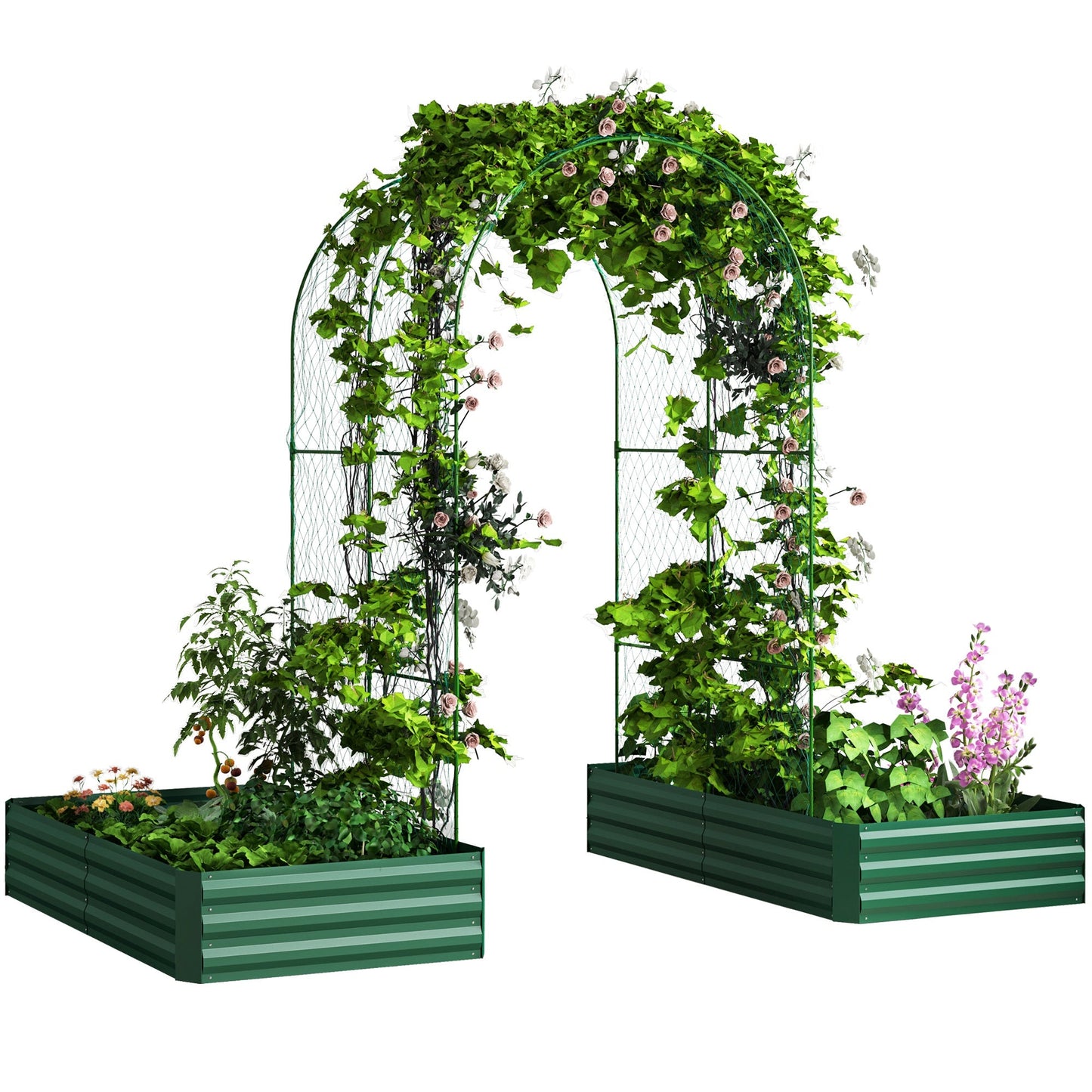 Raised Garden Bed with Arch Trellis for Climbing Plants, Flowers, Herbs, Vegetables, Galvanized Raised Bed Kit Outdoor Garden Box with Trellis for Garden, Patio, Backyard