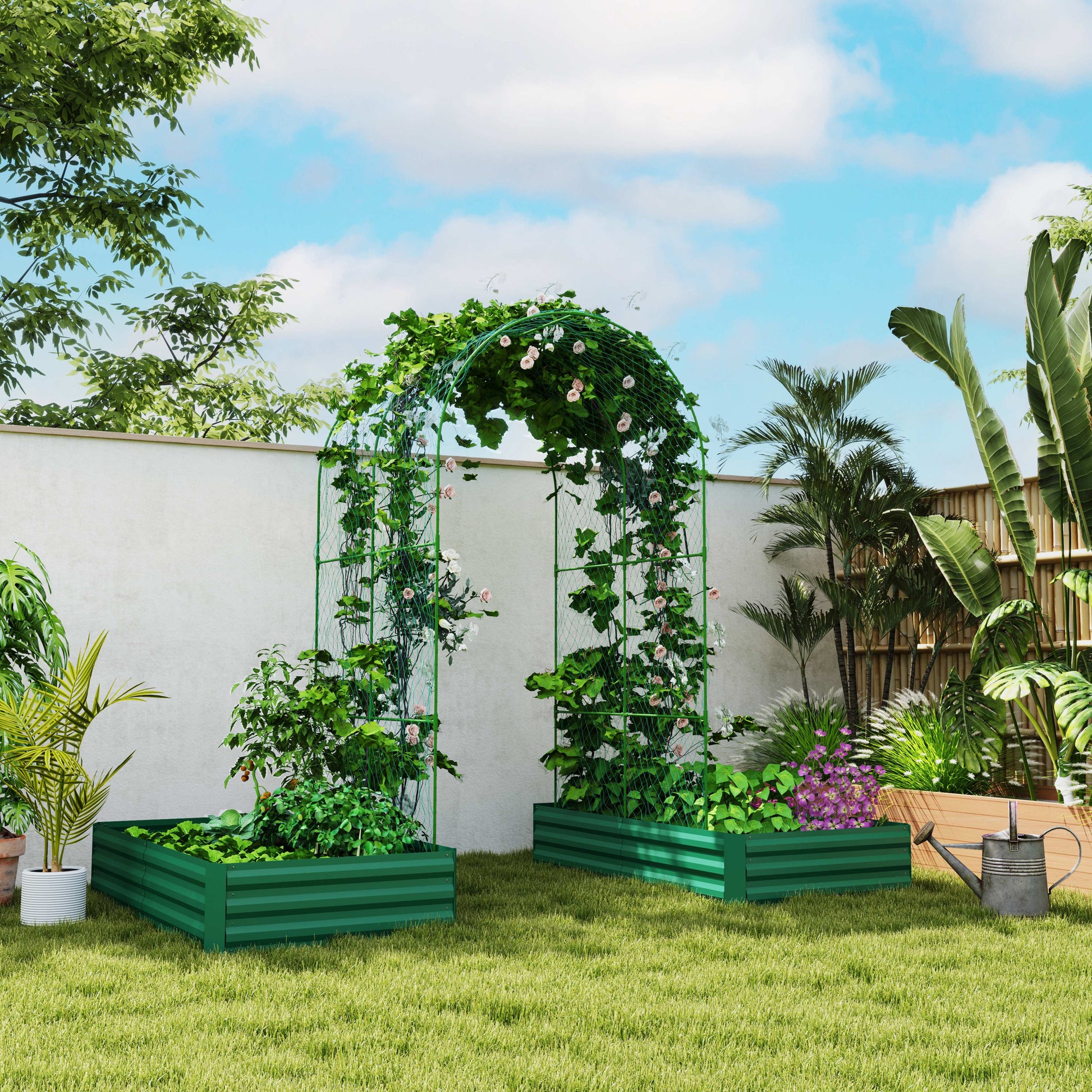 Raised Garden Bed with Arch Trellis for Climbing Plants, Flowers, Herbs, Vegetables, Galvanized Raised Bed Kit Outdoor Garden Box with Trellis for Garden, Patio, Backyard