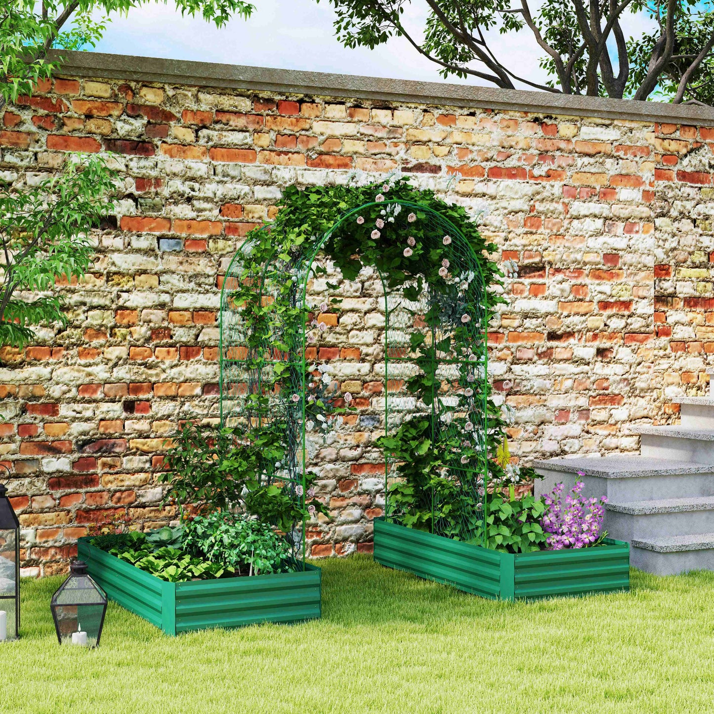 Raised Garden Bed with Arch Trellis for Climbing Plants, Flowers, Herbs, Vegetables, Galvanized Raised Bed Kit Outdoor Garden Box with Trellis for Garden, Patio, Backyard