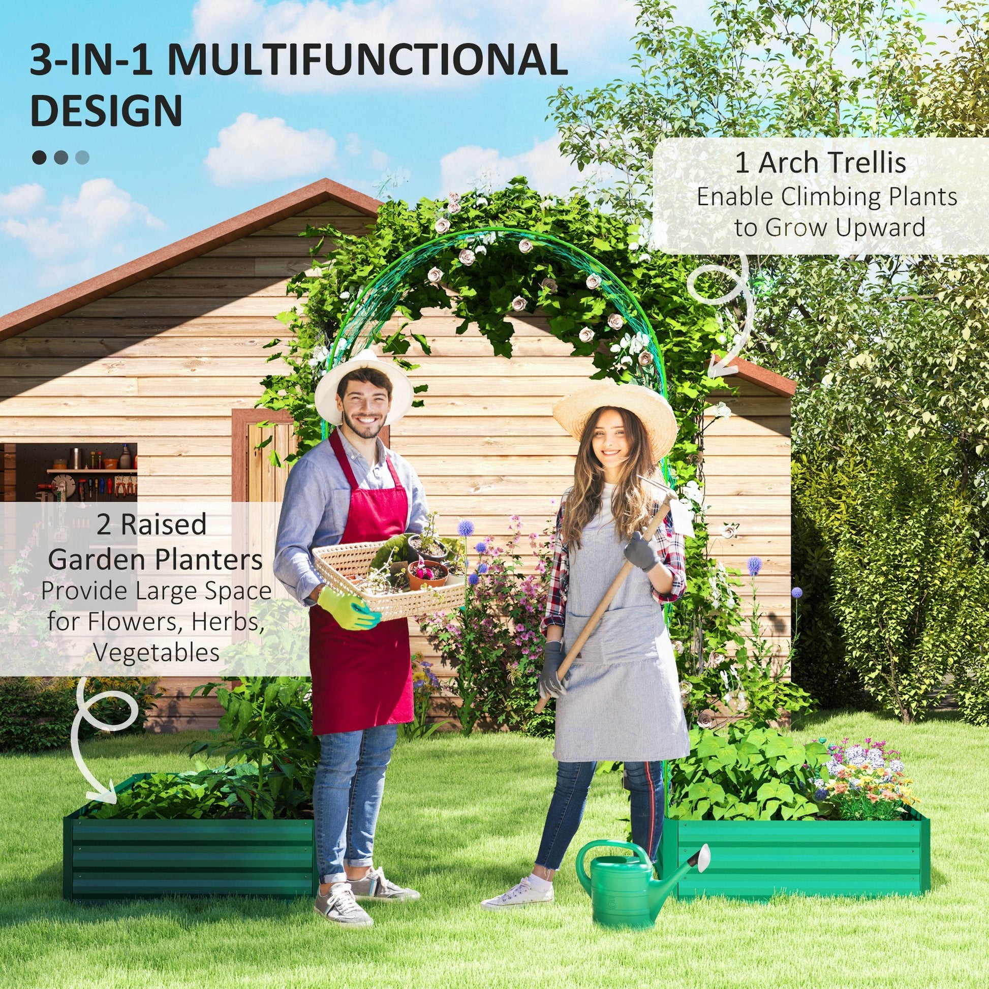Raised Garden Bed with Arch Trellis for Climbing Plants, Flowers, Herbs, Vegetables, Galvanized Raised Bed Kit Outdoor Garden Box with Trellis for Garden, Patio, Backyard