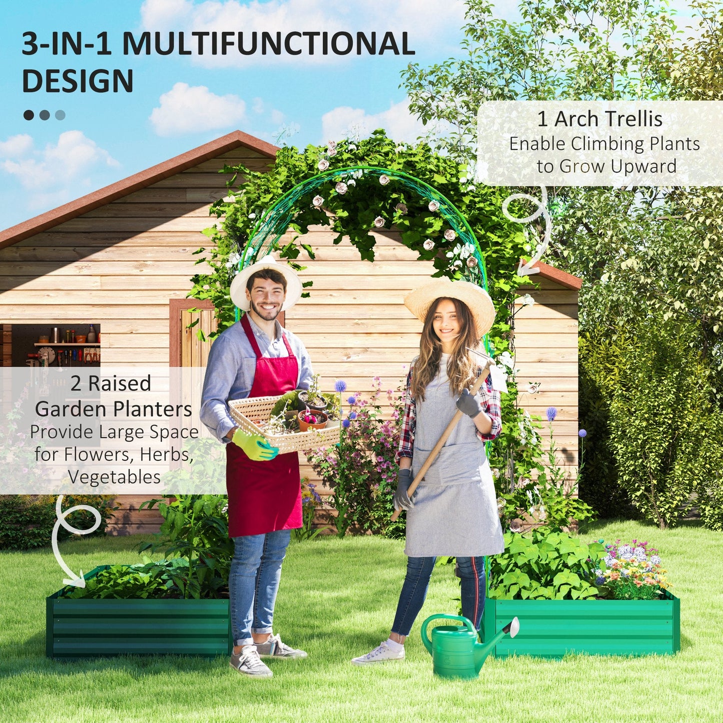 Raised Garden Bed with Arch Trellis for Climbing Plants, Flowers, Herbs, Vegetables, Galvanized Raised Bed Kit Outdoor Garden Box with Trellis for Garden, Patio, Backyard