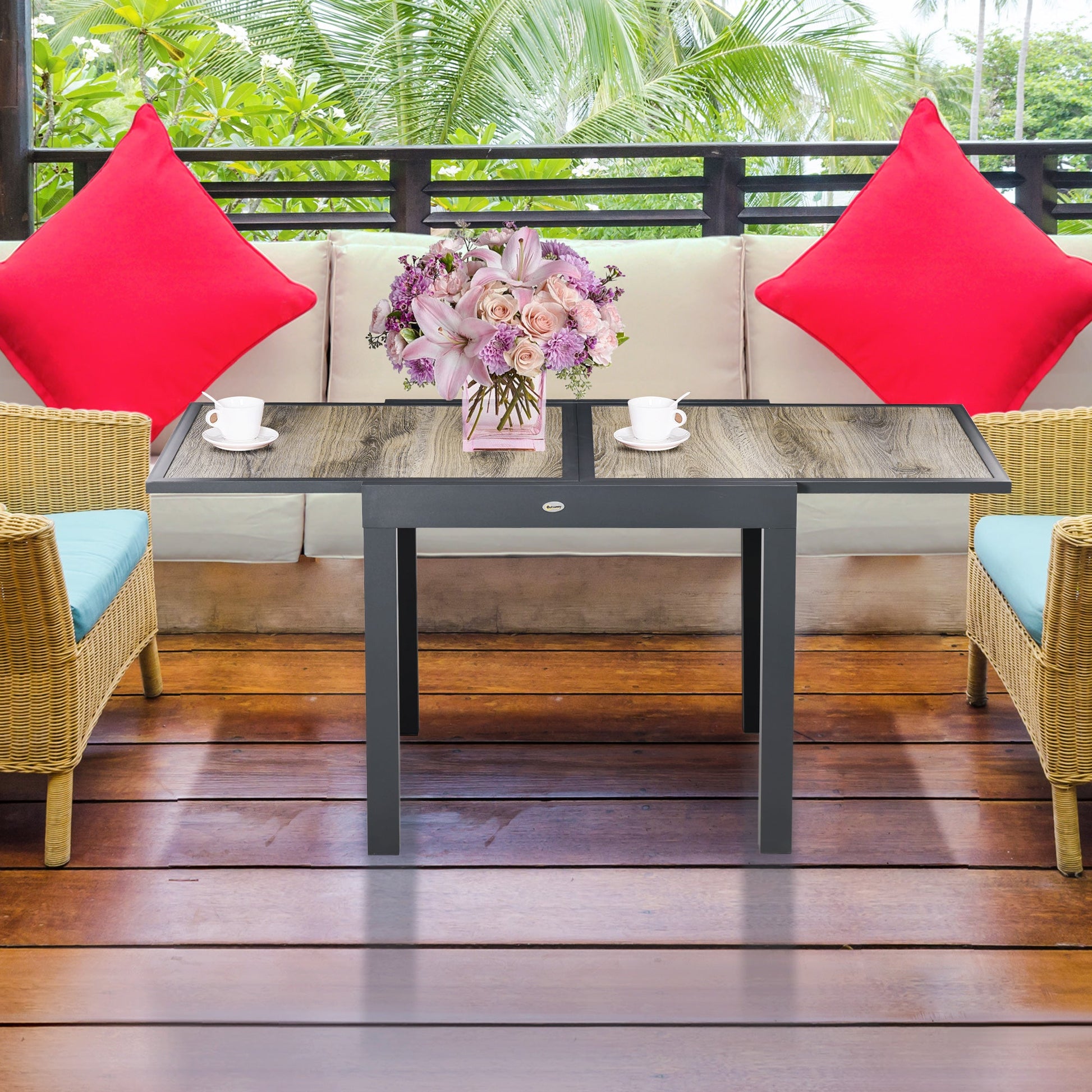 Extendable Outdoor Dining Table, Aluminum Garden Table, Rectangular Patio Table with Plastic Board Tabletop for Balcony, Lawn, Beige