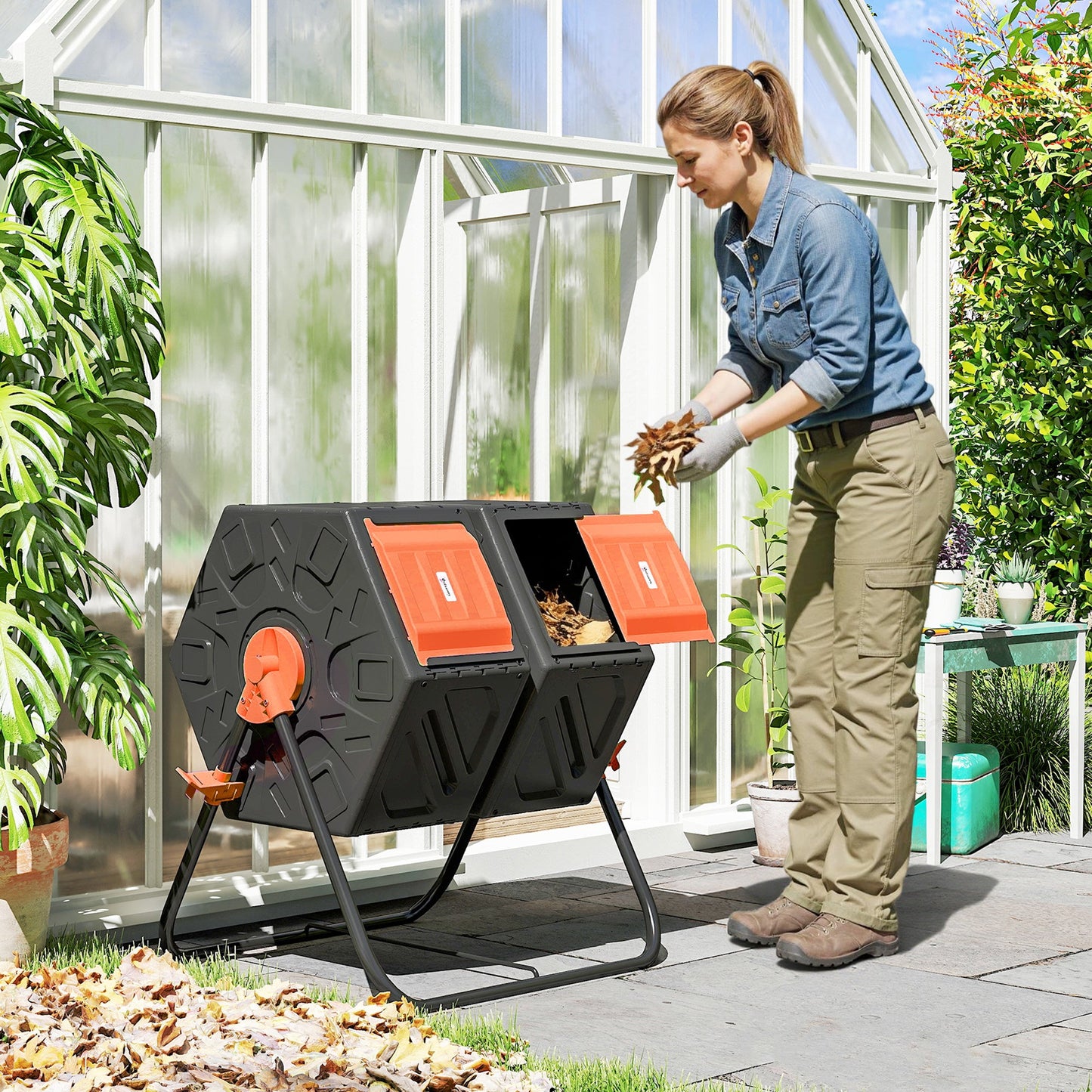 34.5 Gallon Dual Chamber Compost Bin, Rotating Composter, Compost Tumbler with 24 Ventilation Openings and Steel Legs, Orange