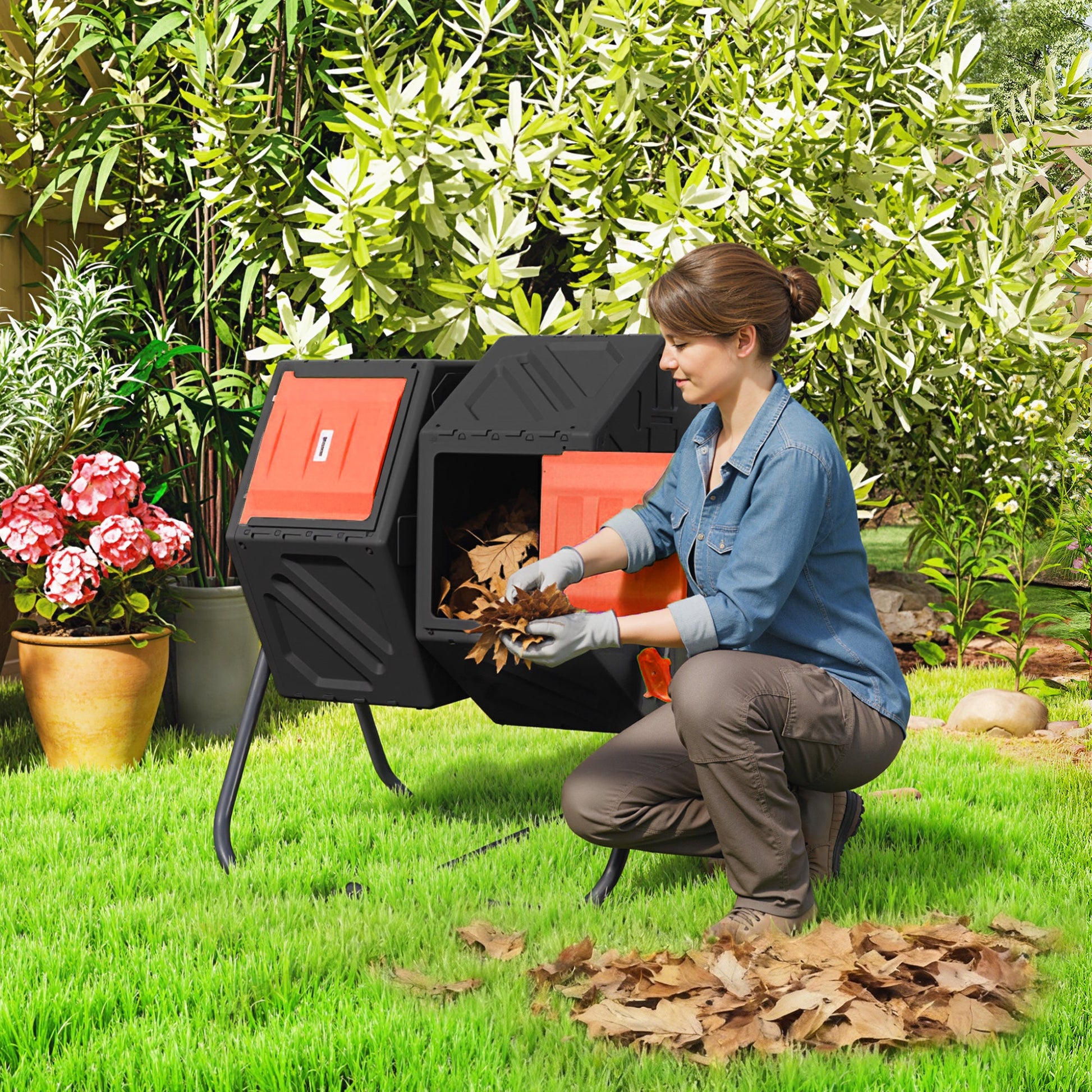34.5 Gallon Dual Chamber Compost Bin, Rotating Composter, Compost Tumbler with 24 Ventilation Openings and Steel Legs, Orange
