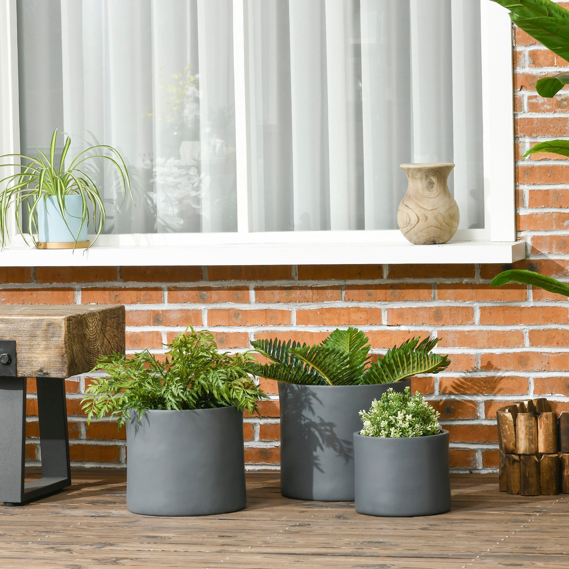 Set of 3 Outdoor Planter Set, 13/11.5/9 in, Flower Pots with Drainage Holes, Outdoor Plant Pots for Patio, Yard, Garden