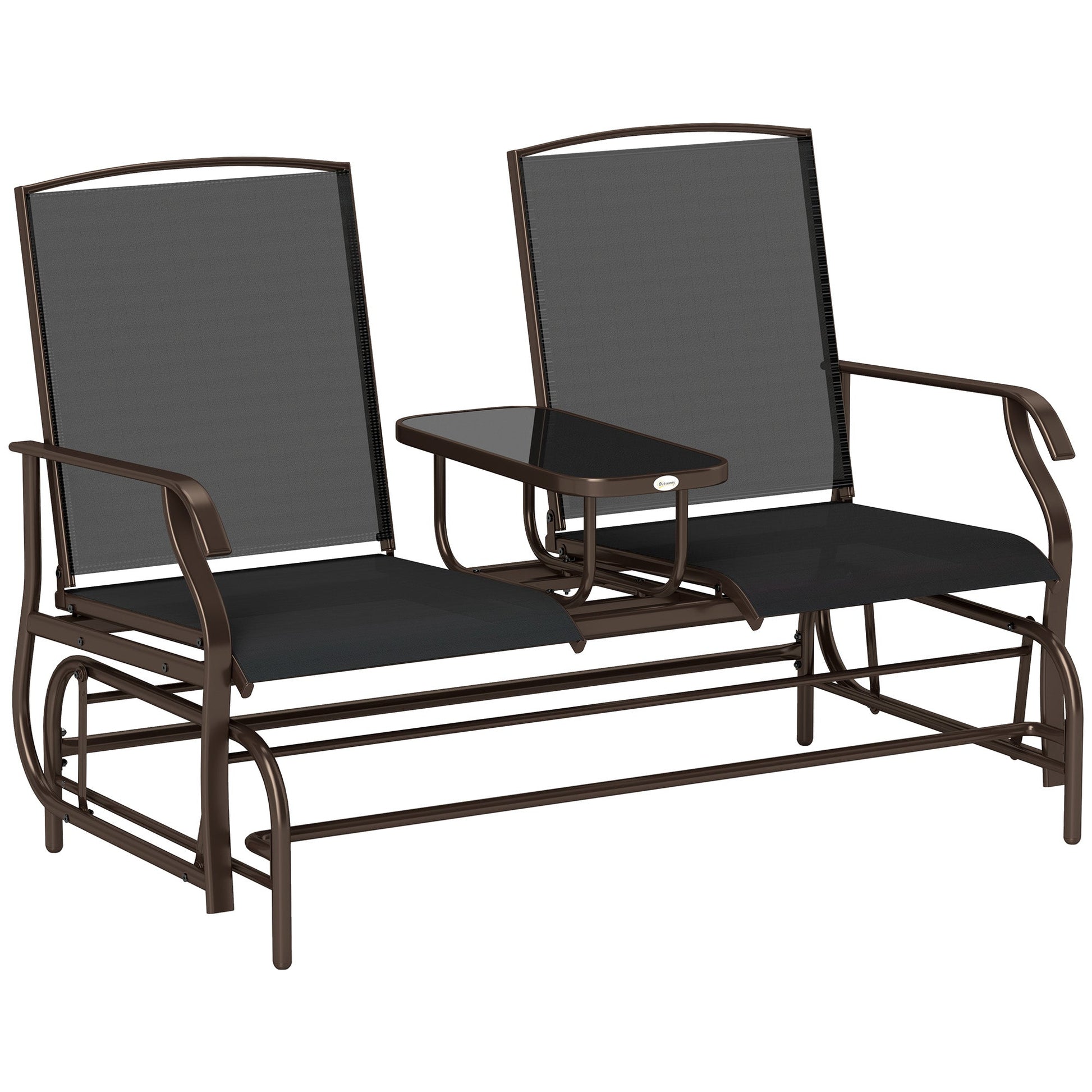 Outdoor Glider Bench with Table, Patio Loveseat for 2 Persons, Garden Glider Rocking Chair with Breathable Mesh Fabric, Black