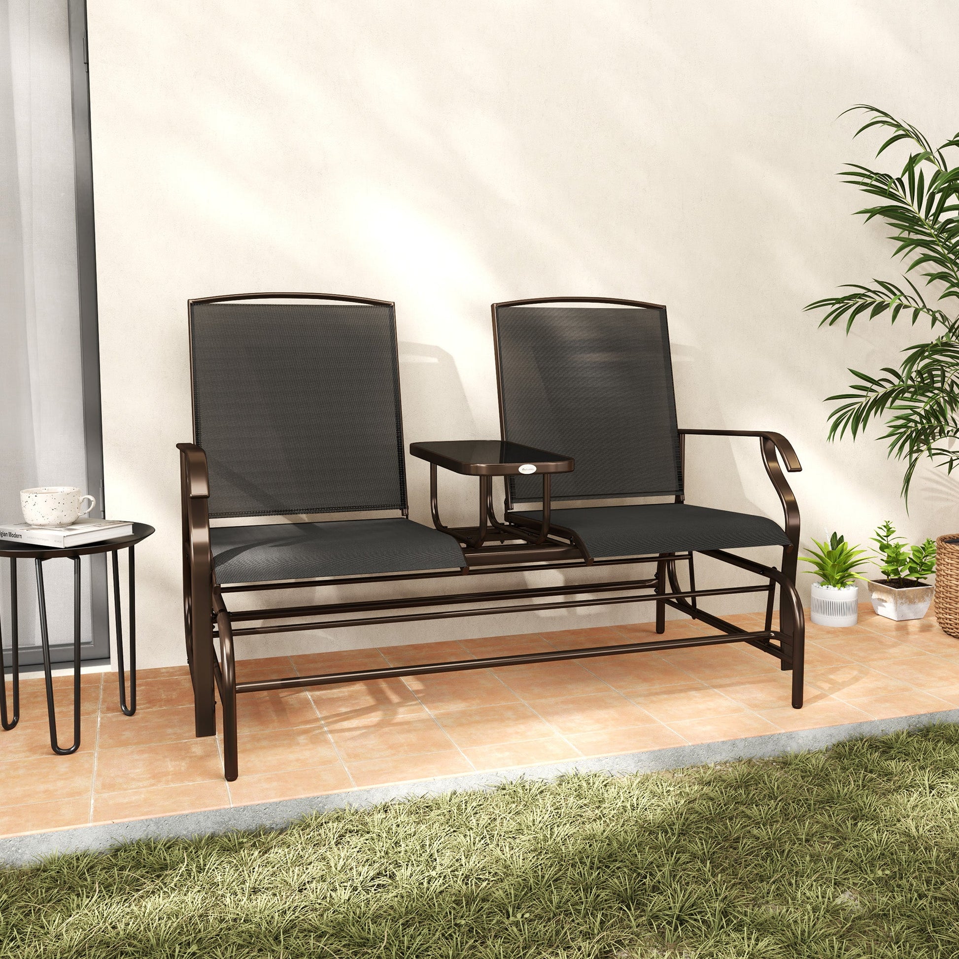 Outdoor Glider Bench with Table, Patio Loveseat for 2 Persons, Garden Glider Rocking Chair with Breathable Mesh Fabric, Black