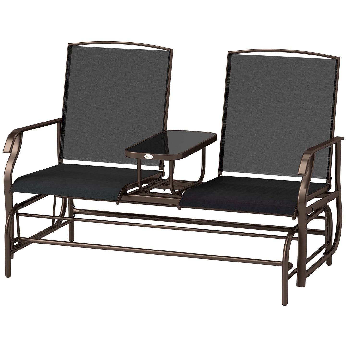 Outdoor Glider Bench with Table, Patio Loveseat for 2 Persons, Garden Glider Rocking Chair with Breathable Mesh Fabric, Black