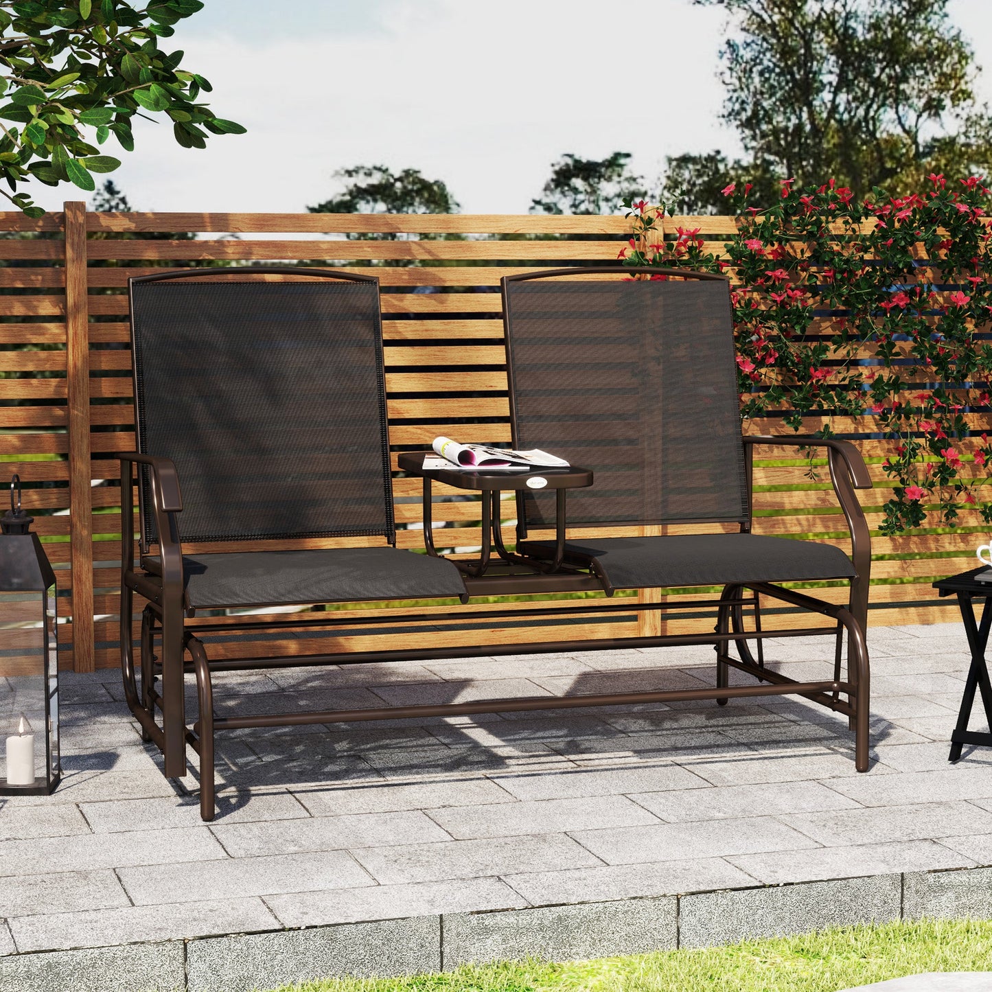Outdoor Glider Bench with Table, Patio Loveseat for 2 Persons, Garden Glider Rocking Chair with Breathable Mesh Fabric, Black