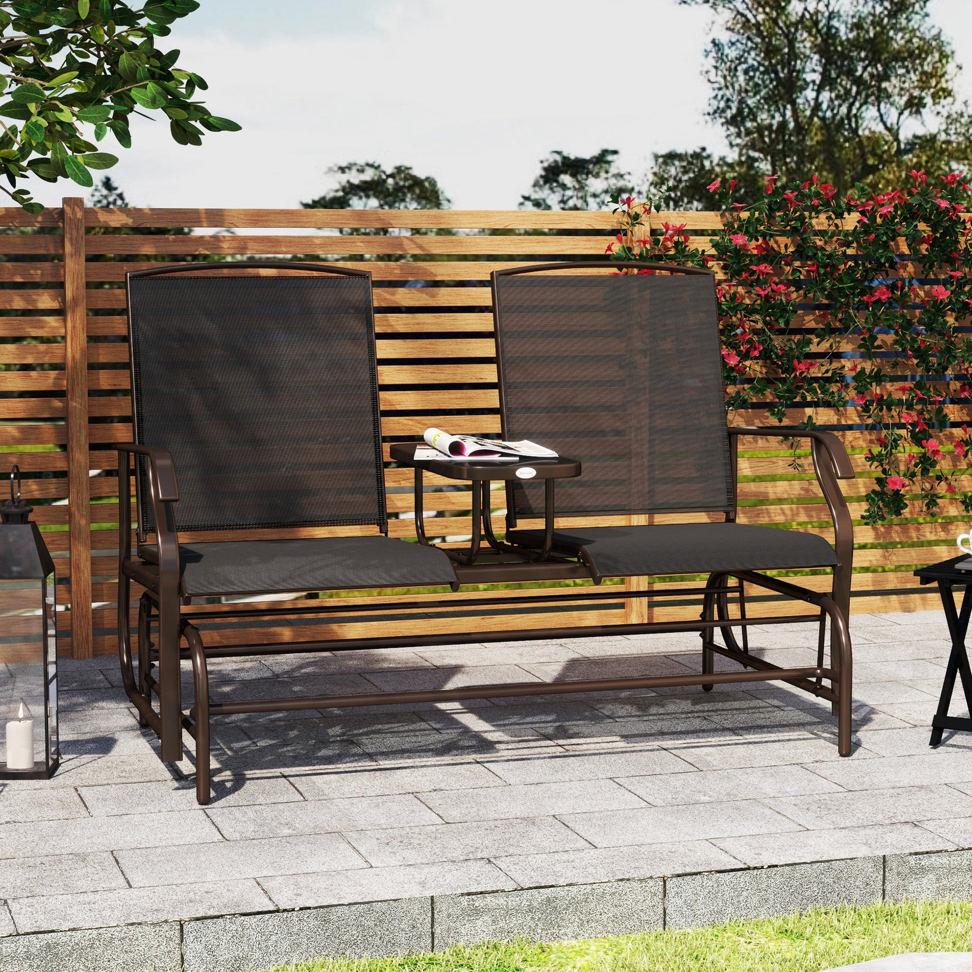 Outdoor Glider Bench with Table, Patio Loveseat for 2 Persons, Garden Glider Rocking Chair with Breathable Mesh Fabric, Black