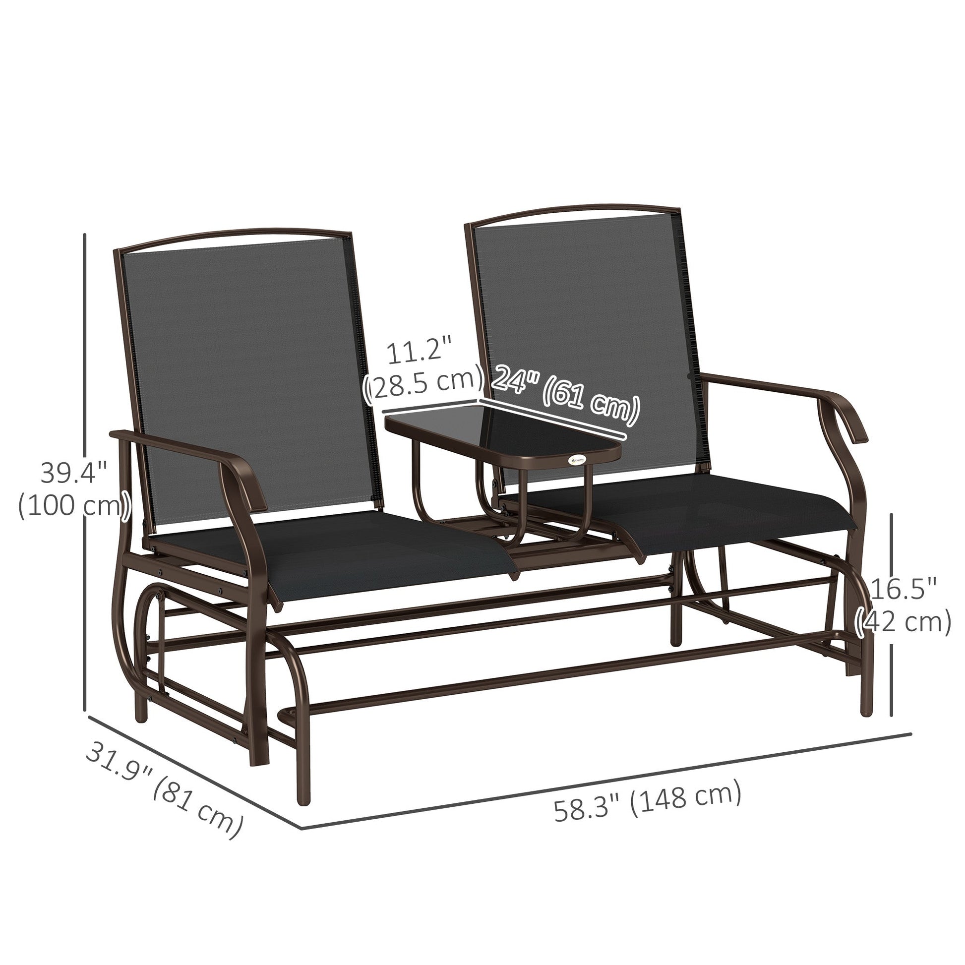 Outdoor Glider Bench with Table, Patio Loveseat for 2 Persons, Garden Glider Rocking Chair with Breathable Mesh Fabric, Black