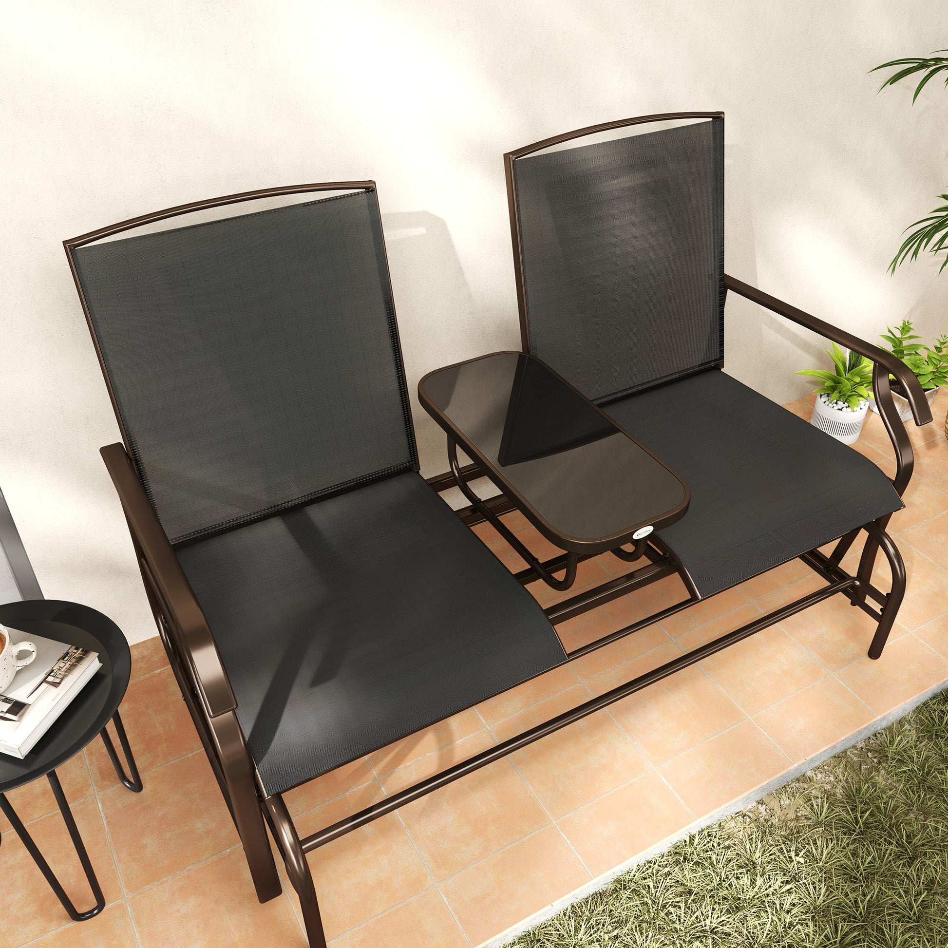 Outdoor Glider Bench with Table, Patio Loveseat for 2 Persons, Garden Glider Rocking Chair with Breathable Mesh Fabric, Black