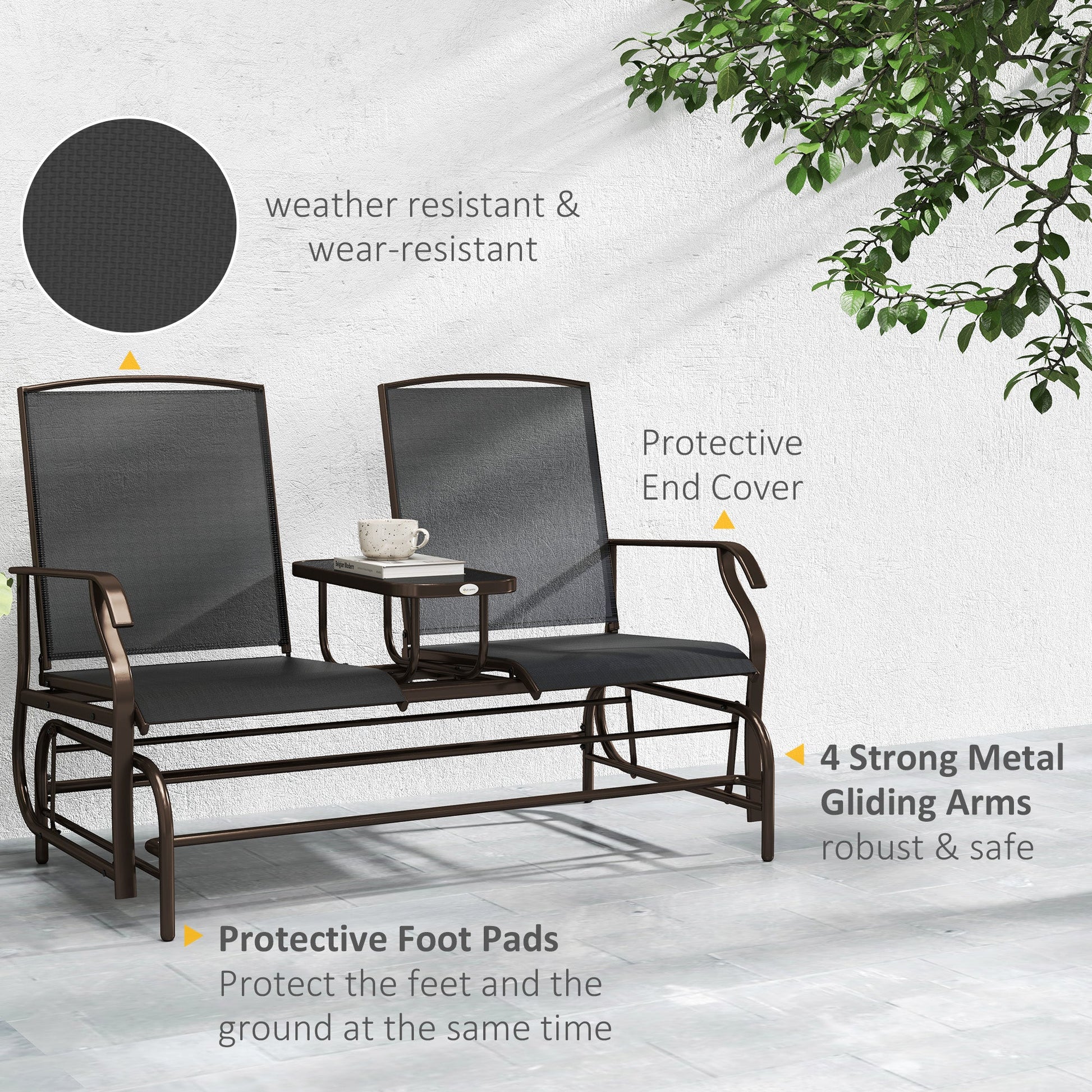 Outdoor Glider Bench with Table, Patio Loveseat for 2 Persons, Garden Glider Rocking Chair with Breathable Mesh Fabric, Black