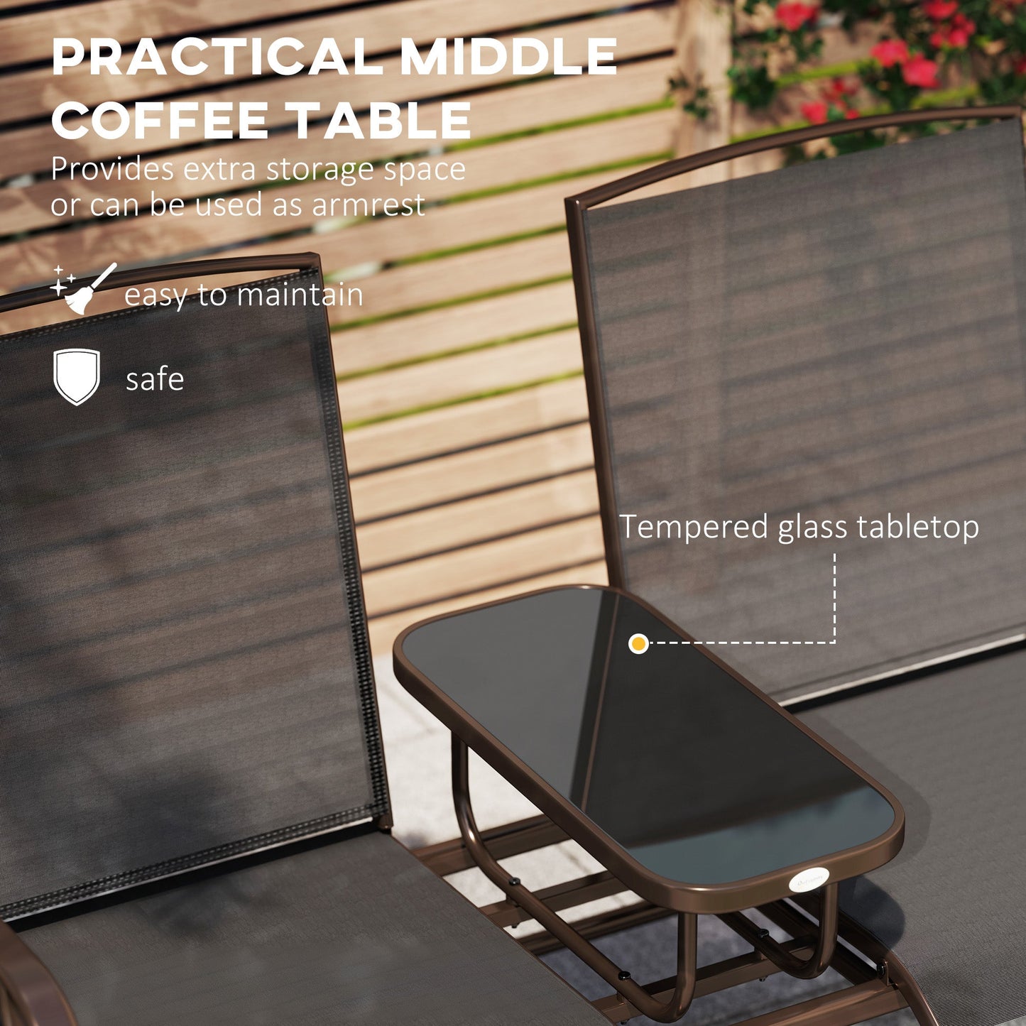 Outdoor Glider Bench with Table, Patio Loveseat for 2 Persons, Garden Glider Rocking Chair with Breathable Mesh Fabric, Black