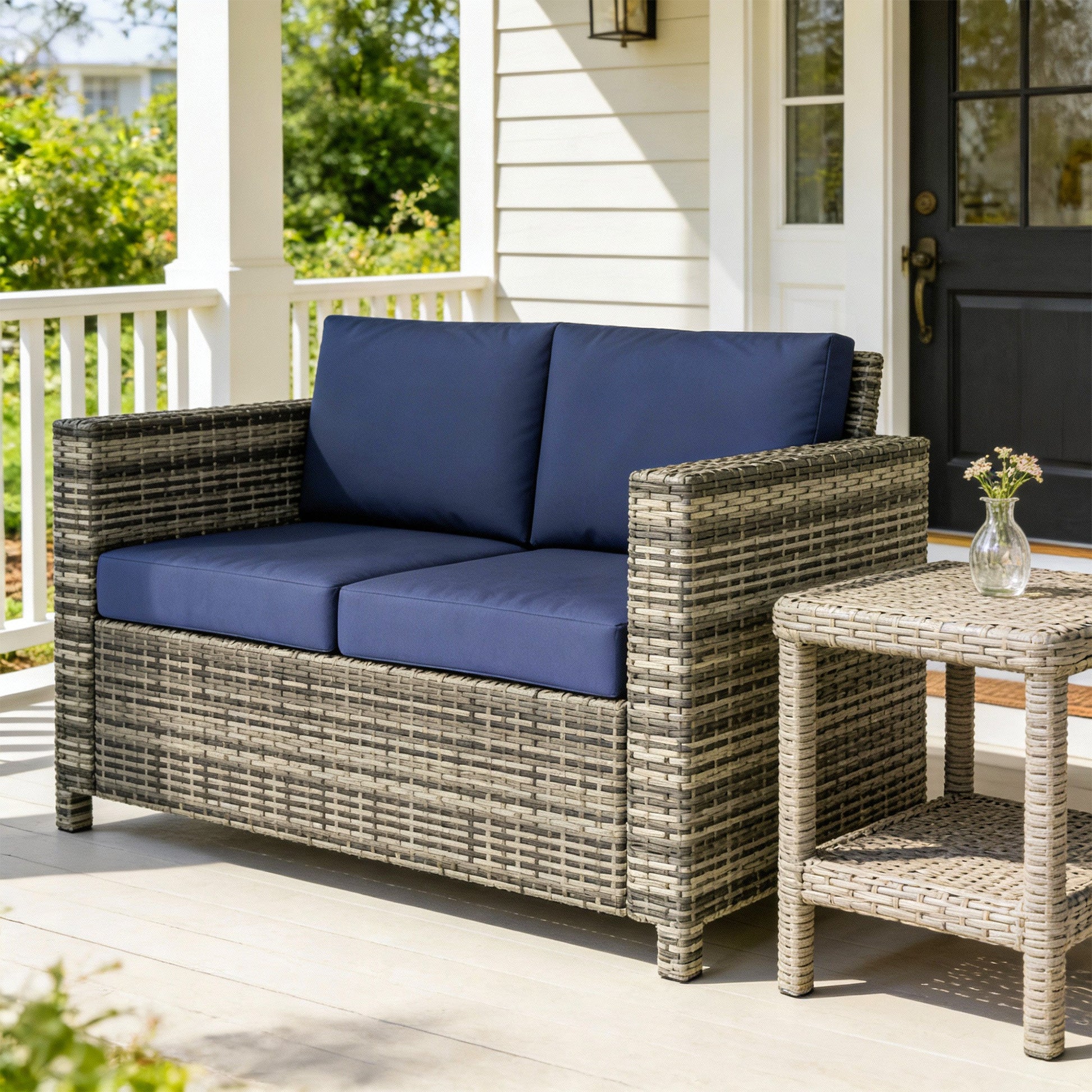 2 Seat Patio Loveseat Deluxe Wicker Sofa Chair Outdoor Rattan Furniture Couch All Weather with Cushion for Balcony, Deck, Garden and Poolside, Dark Blue