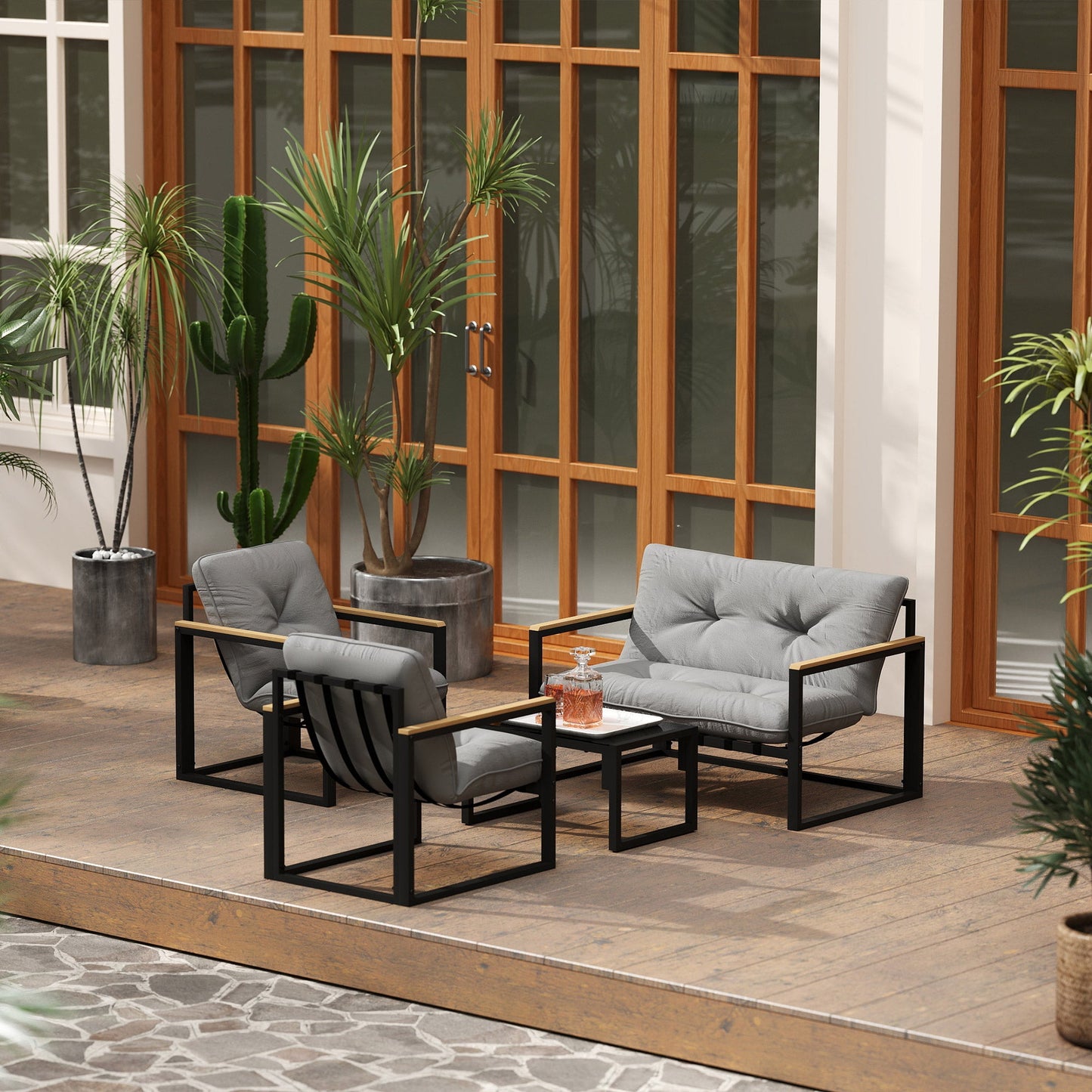4 Piece Patio Furniture Set, Outdoor Loveseat Sofa Set with Thick Cushions and Coffee Table, Patio Conversation Set for Porch, Balcony, Deck, Light Grey
