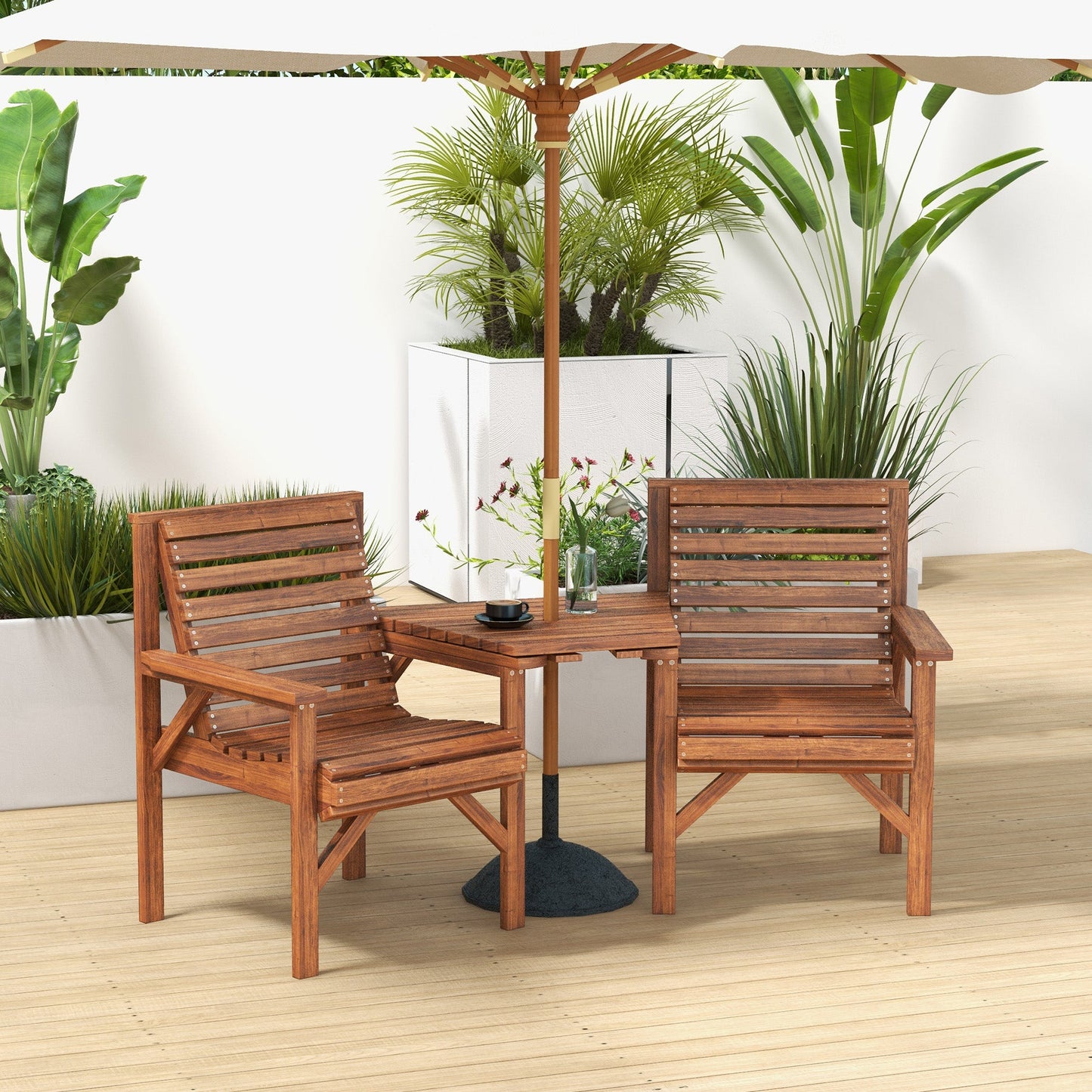 3Pcs Outdoor Bench Set, 2 Garden Benches Coffee Table and Umbrella Hole, Patio Table and Chair Set for Garden, Backyard, Balcony, Tan Brown
