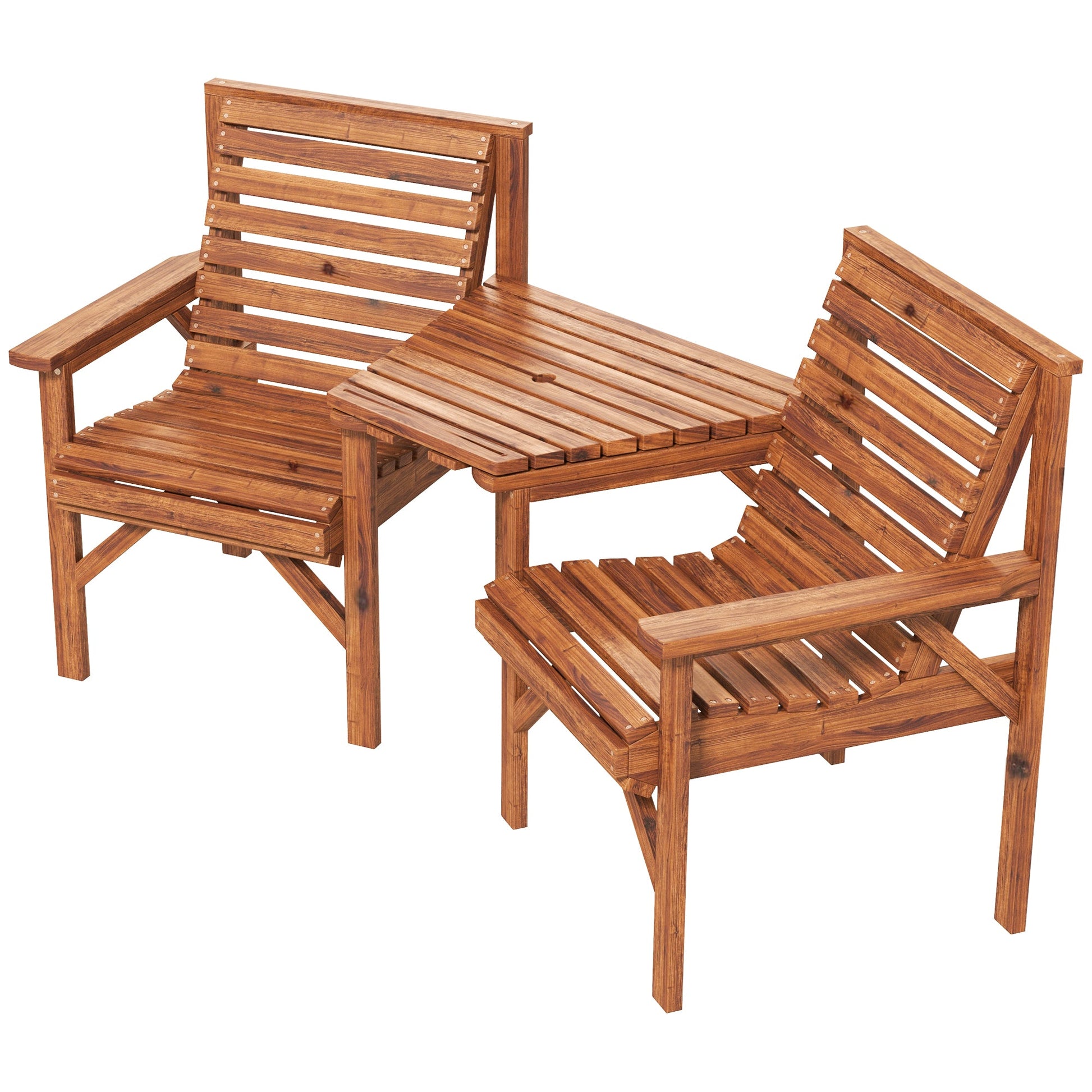 3Pcs Outdoor Bench Set, 2 Garden Benches Coffee Table and Umbrella Hole, Patio Table and Chair Set for Garden, Backyard, Balcony, Tan Brown