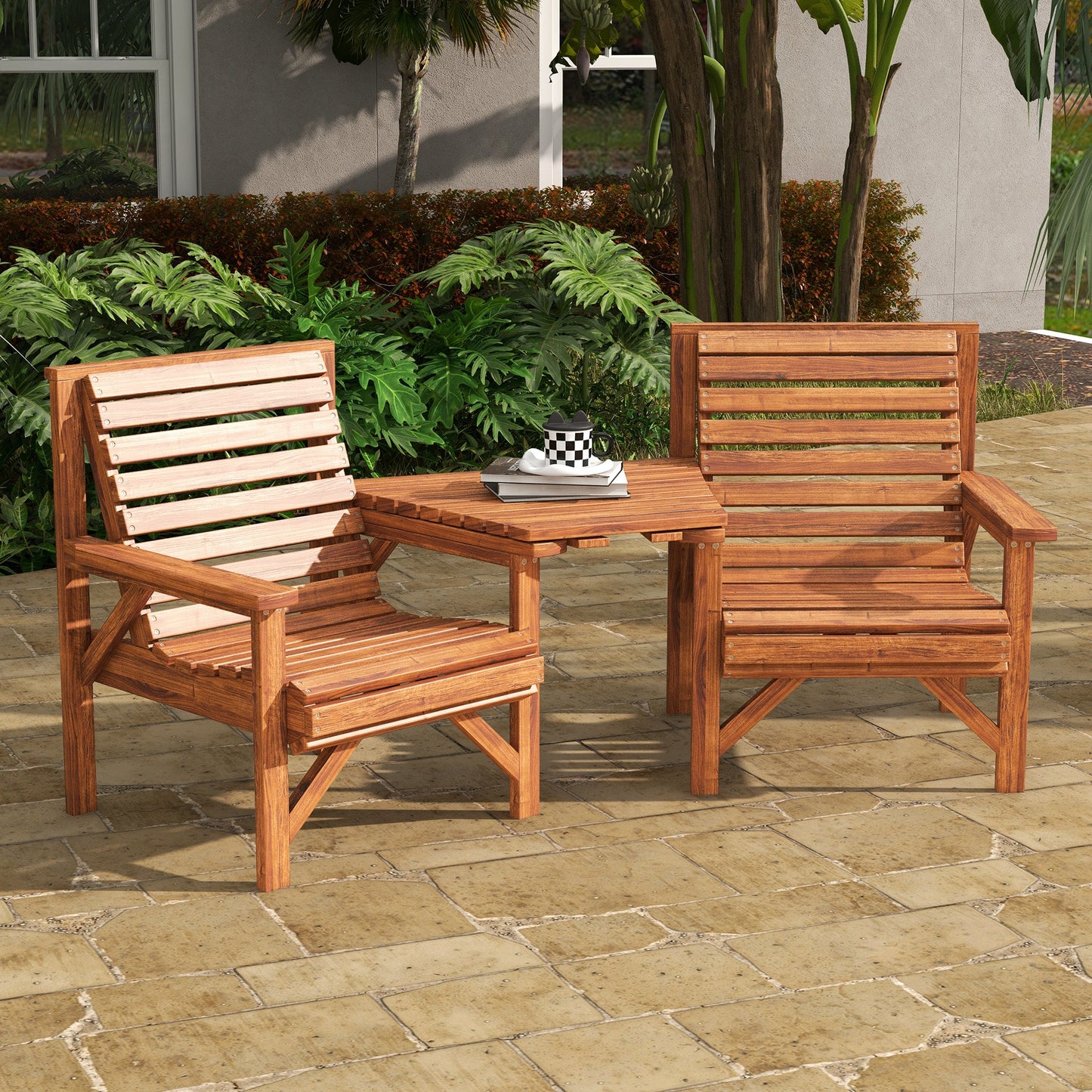 3Pcs Outdoor Bench Set, 2 Garden Benches Coffee Table and Umbrella Hole, Patio Table and Chair Set for Garden, Backyard, Balcony, Tan Brown