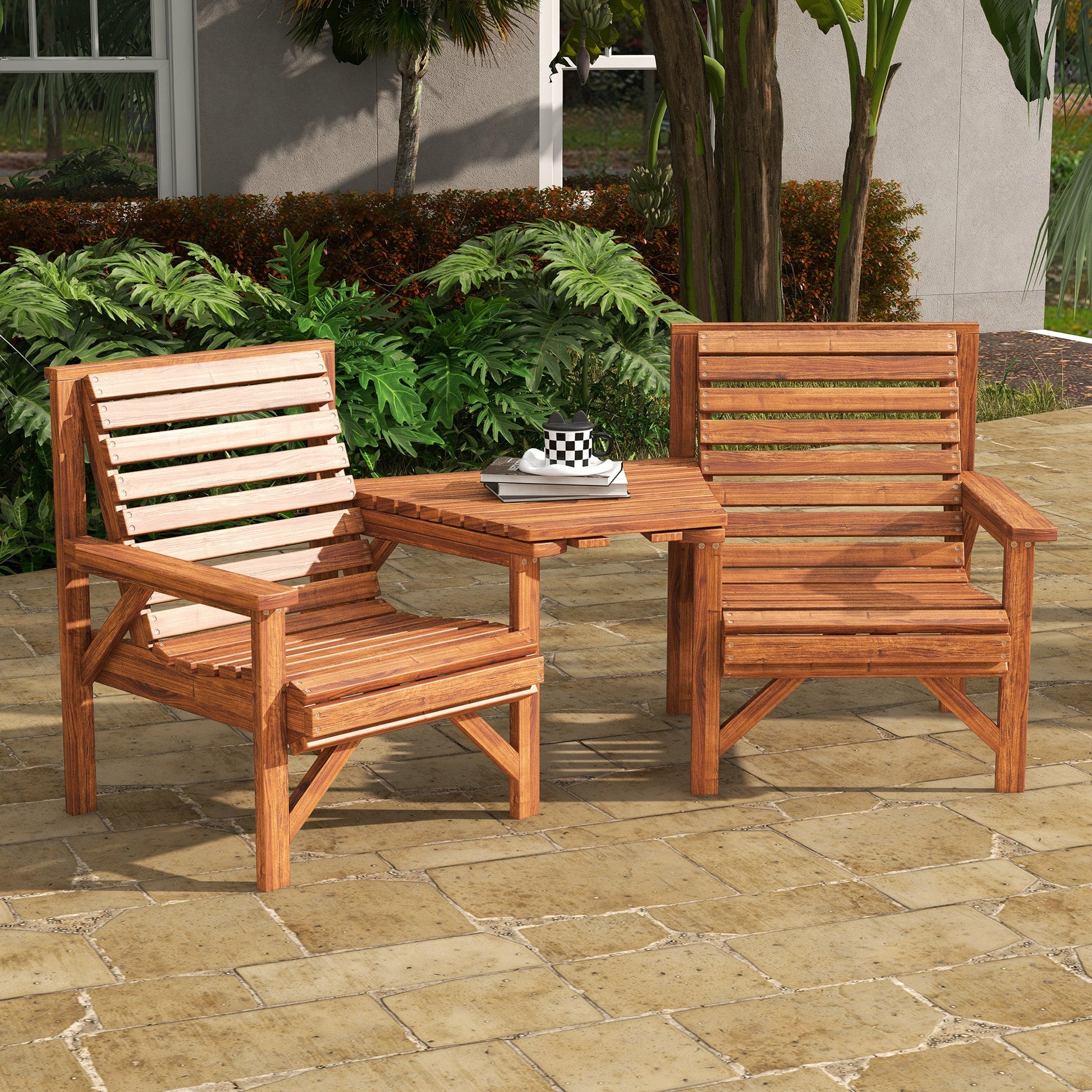3Pcs Outdoor Bench Set, 2 Garden Benches Coffee Table and Umbrella Hole, Patio Table and Chair Set for Garden, Backyard, Balcony, Tan Brown