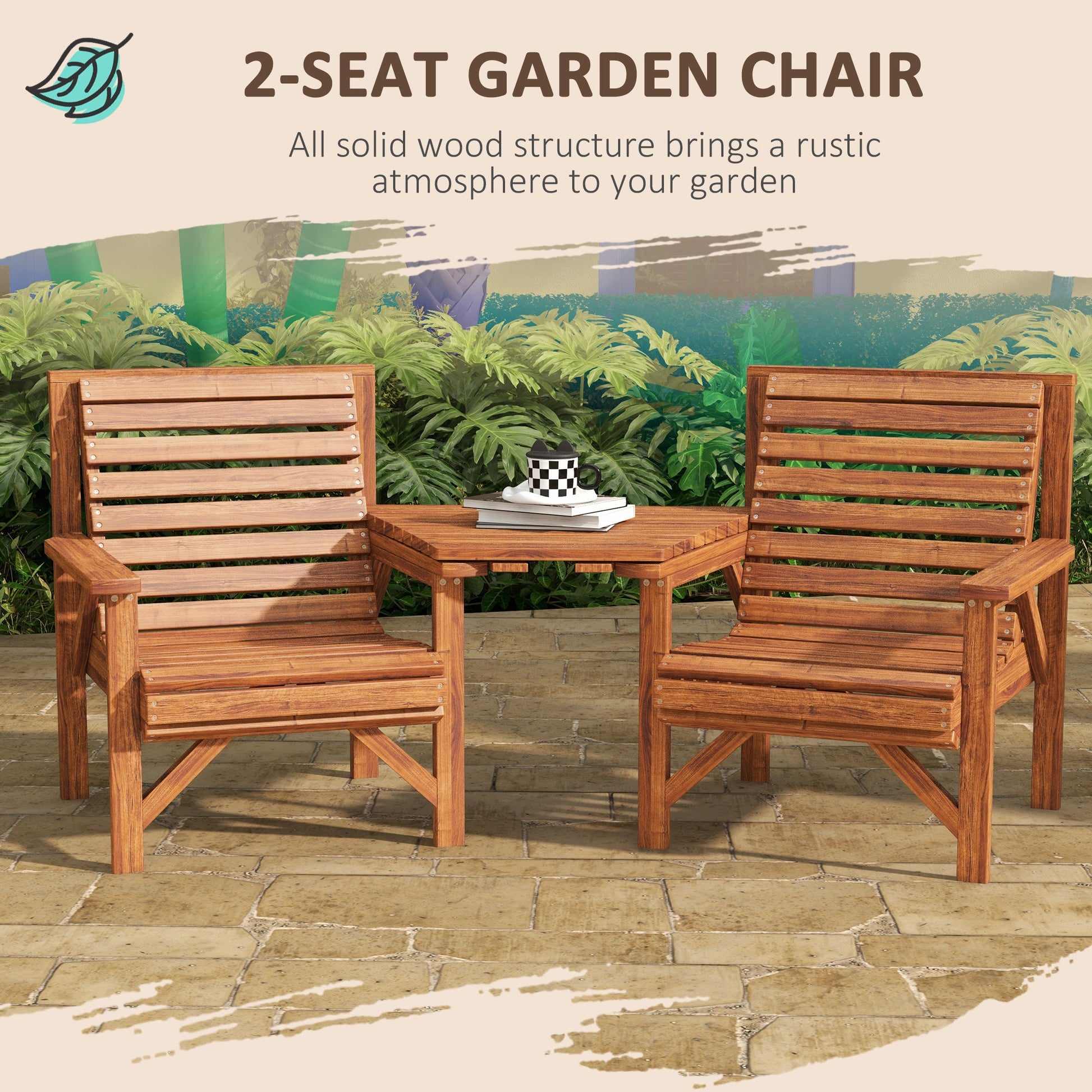 3Pcs Outdoor Bench Set, 2 Garden Benches Coffee Table and Umbrella Hole, Patio Table and Chair Set for Garden, Backyard, Balcony, Tan Brown