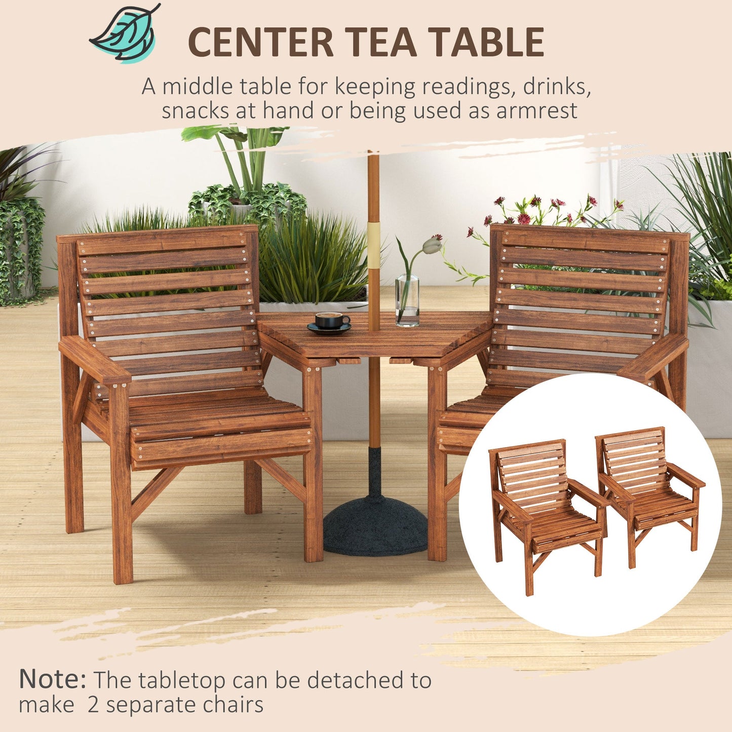 3Pcs Outdoor Bench Set, 2 Garden Benches Coffee Table and Umbrella Hole, Patio Table and Chair Set for Garden, Backyard, Balcony, Tan Brown