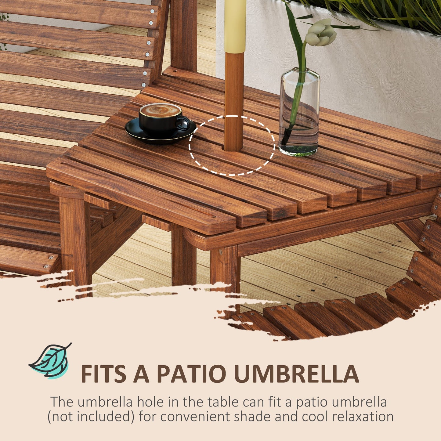 3Pcs Outdoor Bench Set, 2 Garden Benches Coffee Table and Umbrella Hole, Patio Table and Chair Set for Garden, Backyard, Balcony, Tan Brown