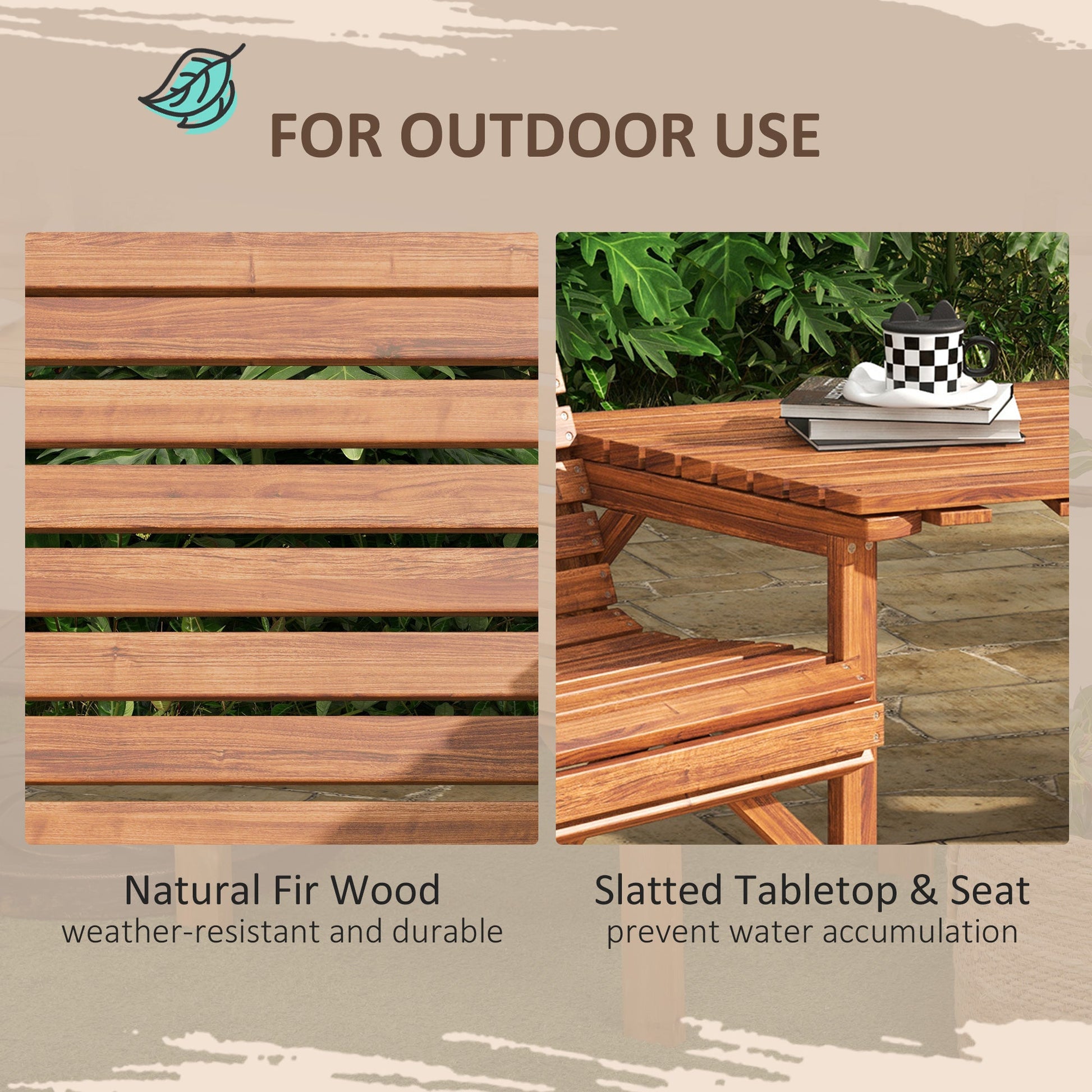 3Pcs Outdoor Bench Set, 2 Garden Benches Coffee Table and Umbrella Hole, Patio Table and Chair Set for Garden, Backyard, Balcony, Tan Brown