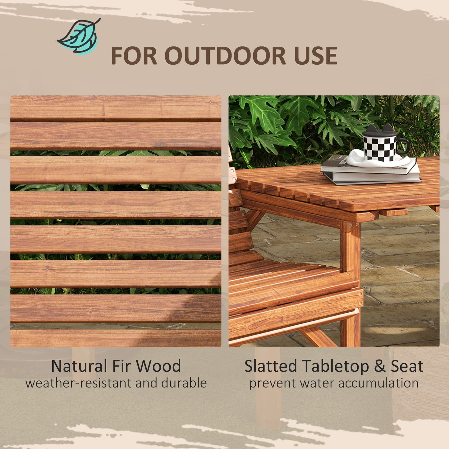 3Pcs Outdoor Bench Set, 2 Garden Benches Coffee Table and Umbrella Hole, Patio Table and Chair Set for Garden, Backyard, Balcony, Tan Brown