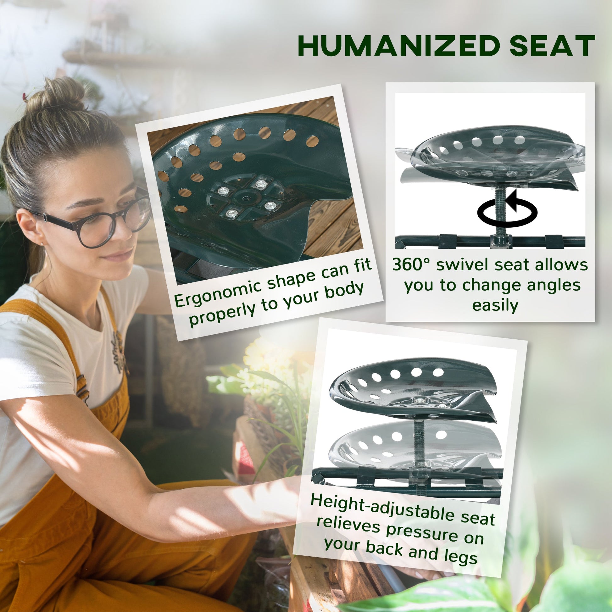 Garden Cart Garden Seat on Wheels, Gardening Stool with Tool Tray, 360 Degree Swivel and Height Adjustable Seat, for Outdoor, Patio and Yard