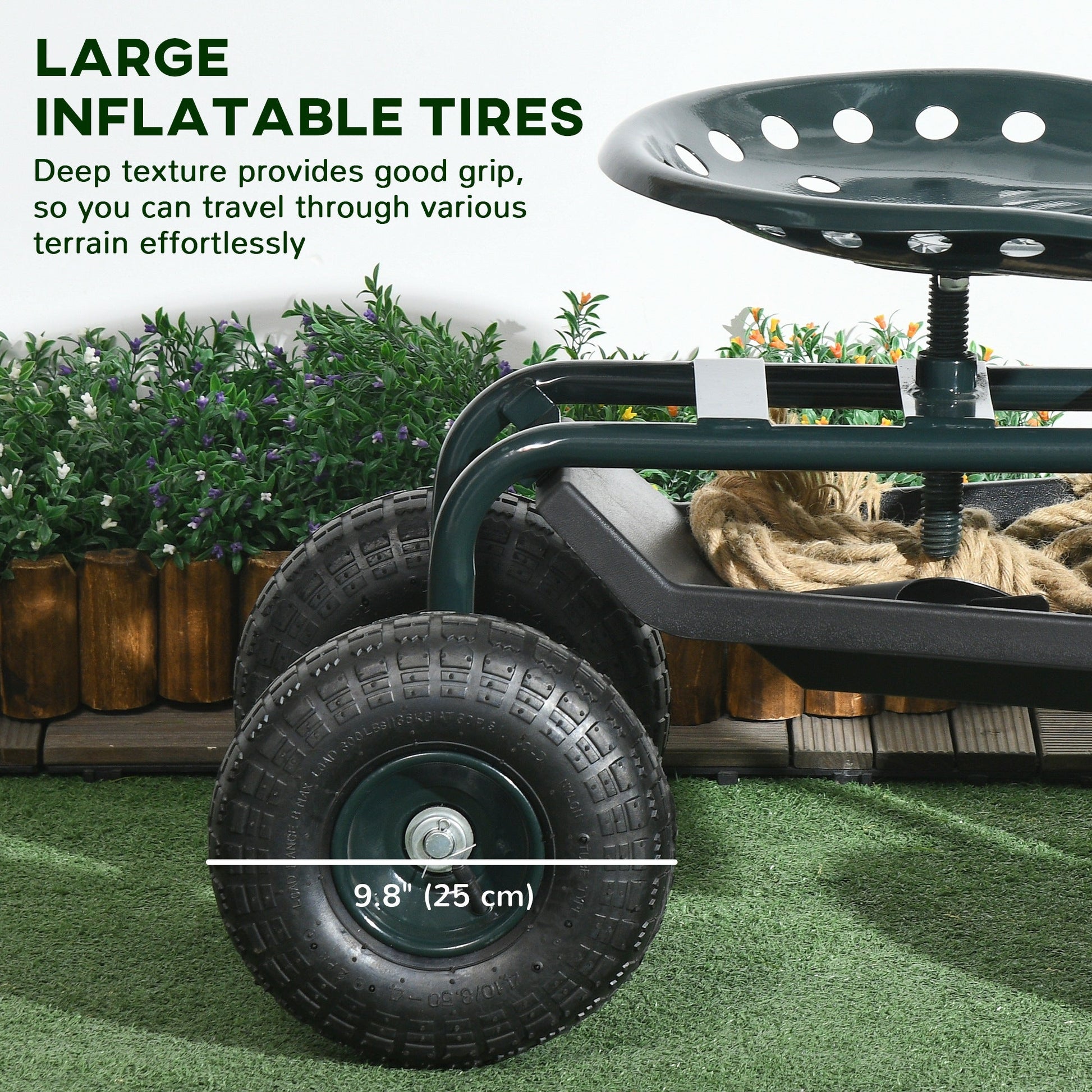 Garden Cart Garden Seat on Wheels, Gardening Stool with Tool Tray, 360 Degree Swivel and Height Adjustable Seat, for Outdoor, Patio and Yard