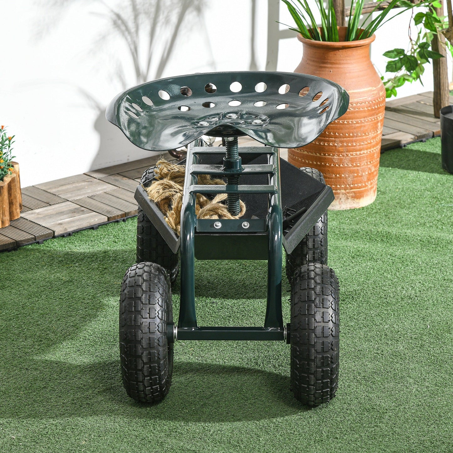 Garden Cart Garden Seat on Wheels, Gardening Stool with Tool Tray, 360 Degree Swivel and Height Adjustable Seat, for Outdoor, Patio and Yard