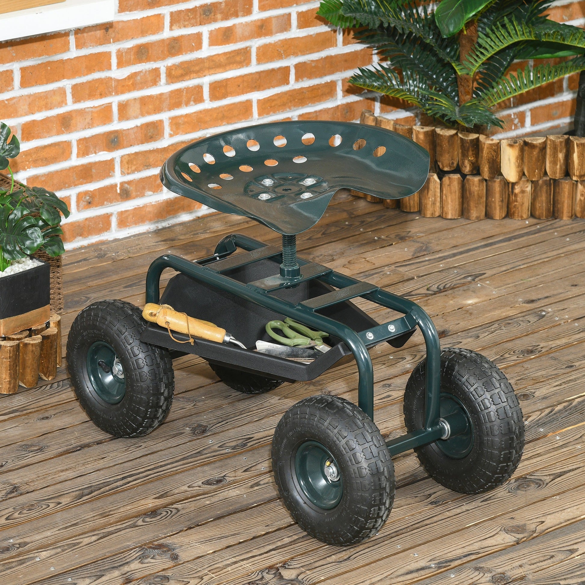 Garden Cart Garden Seat on Wheels, Gardening Stool with Tool Tray, 360 Degree Swivel and Height Adjustable Seat, for Outdoor, Patio and Yard