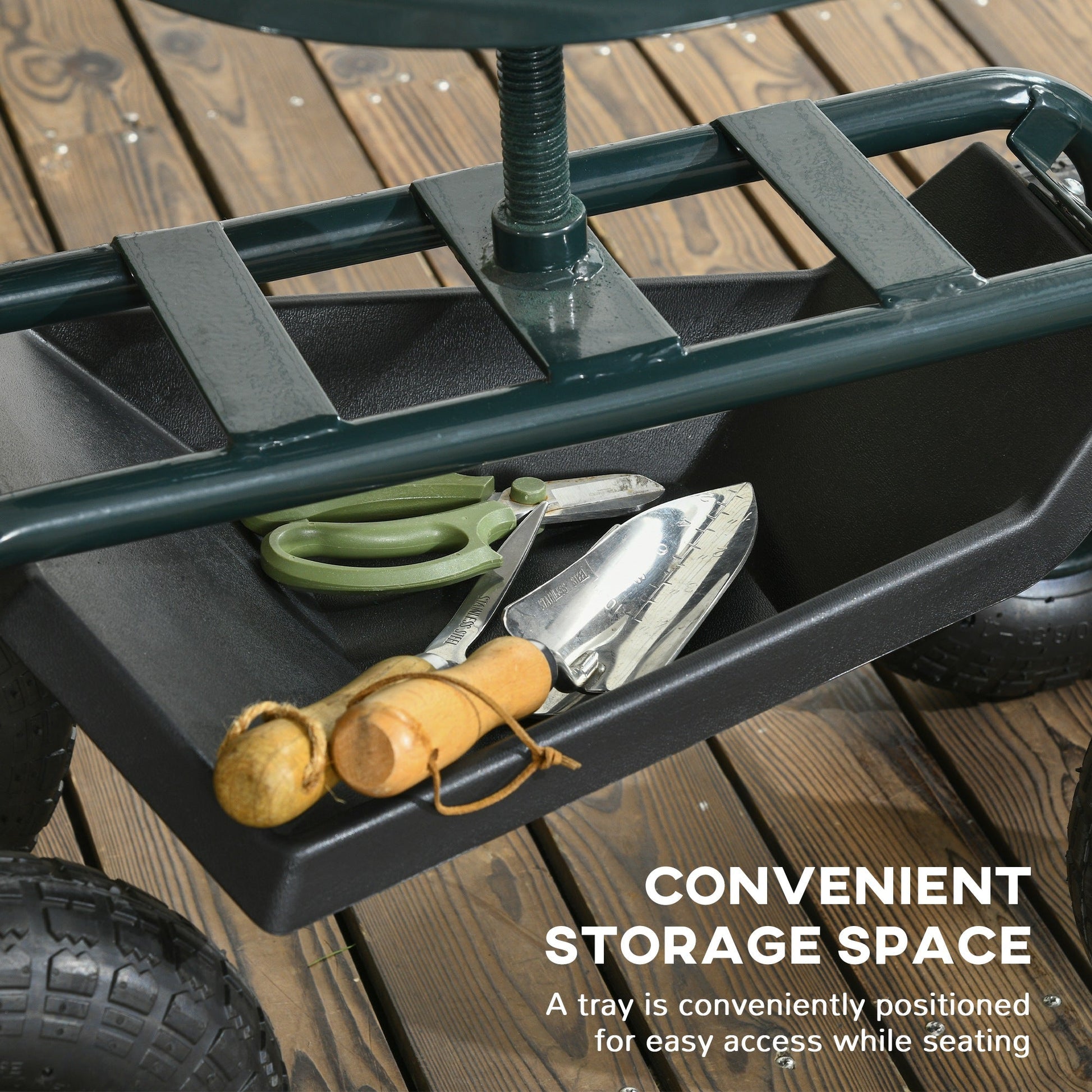 Garden Cart Garden Seat on Wheels, Gardening Stool with Tool Tray, 360 Degree Swivel and Height Adjustable Seat, for Outdoor, Patio and Yard