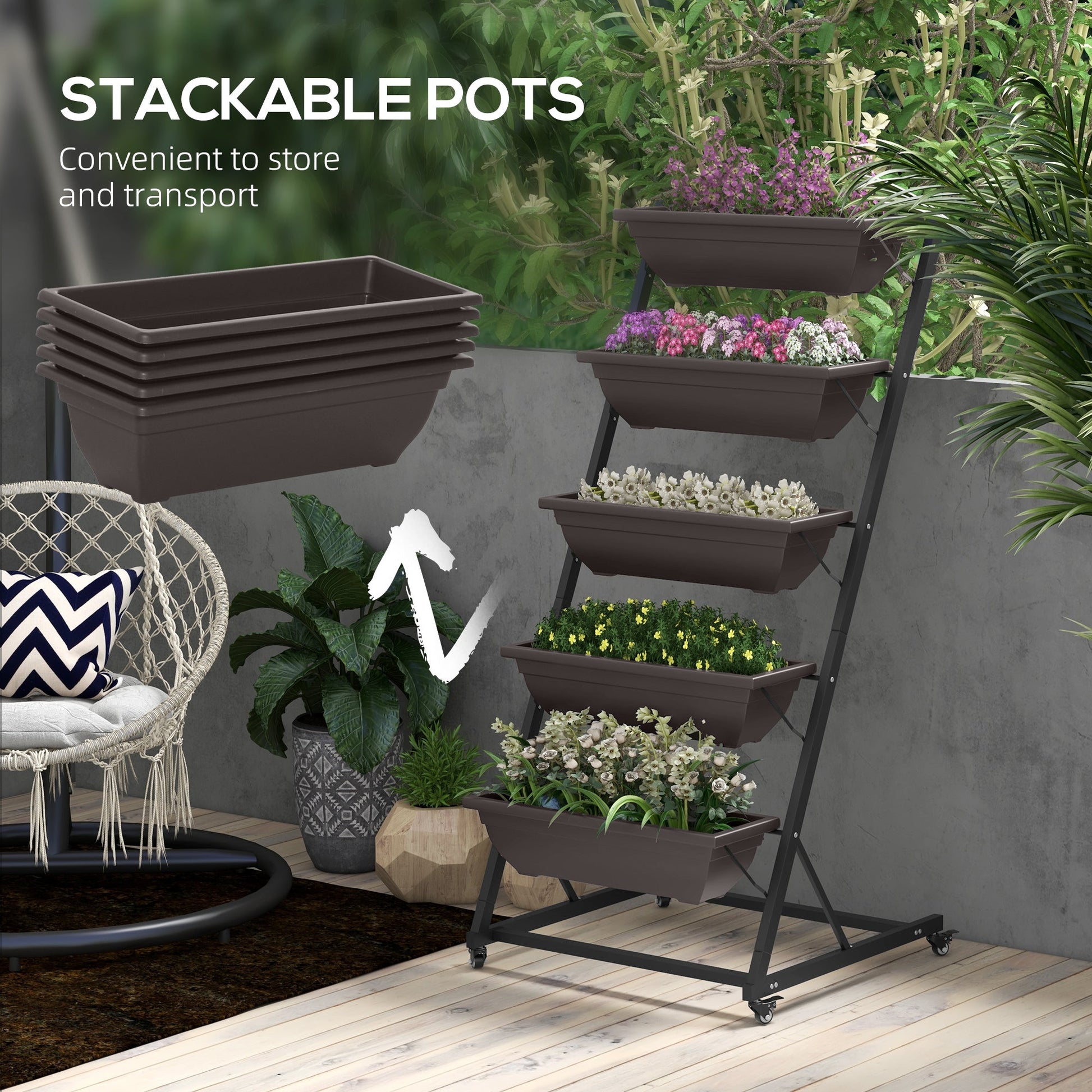 5-Tier Vertical Raised Garden Bed with 5 Planter Boxes, Wheels, Outdoor Plant Stand Grow Container with Leaking Holes for Balcony Patio Outdoor, Brown