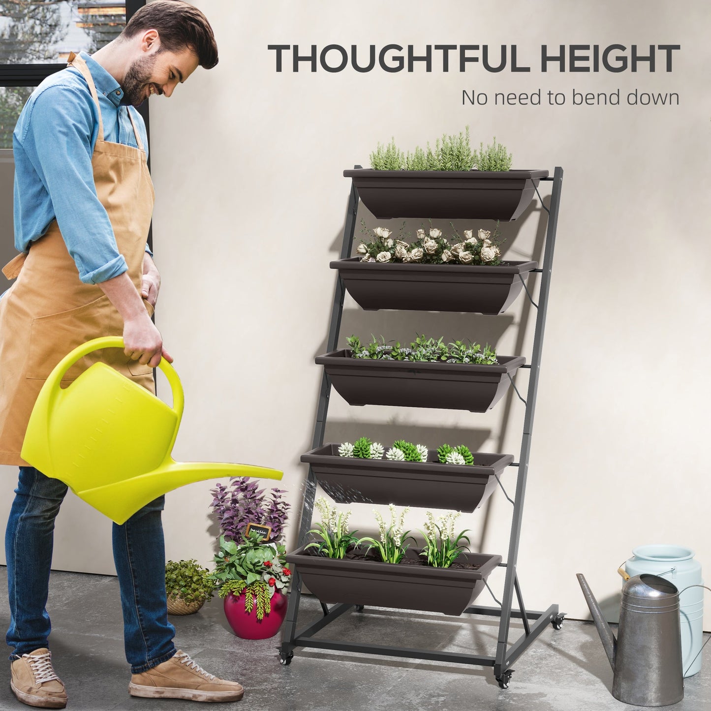 5-Tier Vertical Raised Garden Bed with 5 Planter Boxes, Wheels, Outdoor Plant Stand Grow Container with Leaking Holes for Balcony Patio Outdoor, Brown