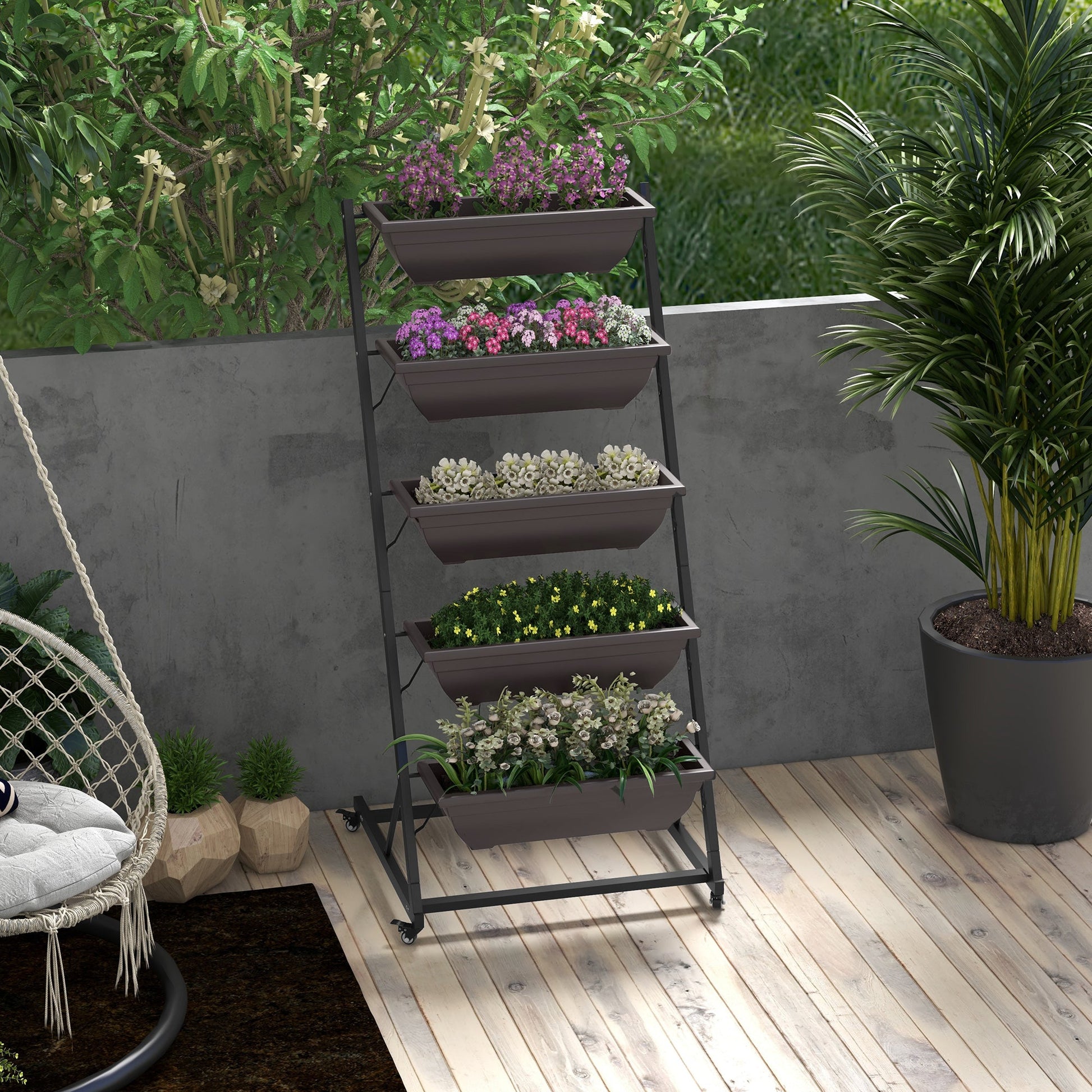 5-Tier Vertical Raised Garden Bed with 5 Planter Boxes, Wheels, Outdoor Plant Stand Grow Container with Leaking Holes for Balcony Patio Outdoor, Brown