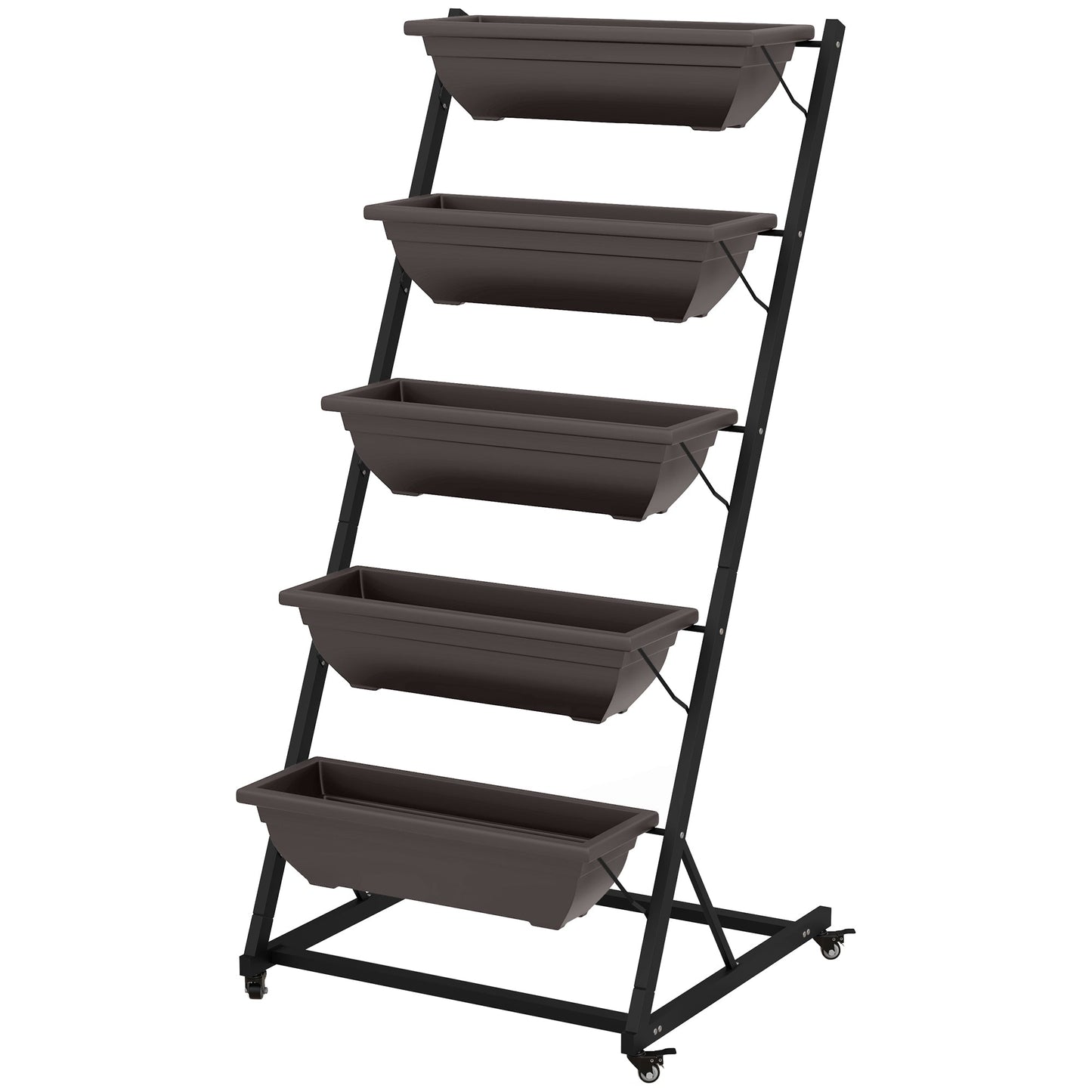 5-Tier Vertical Raised Garden Bed with 5 Planter Boxes, Wheels, Outdoor Plant Stand Grow Container with Leaking Holes for Balcony Patio Outdoor, Brown