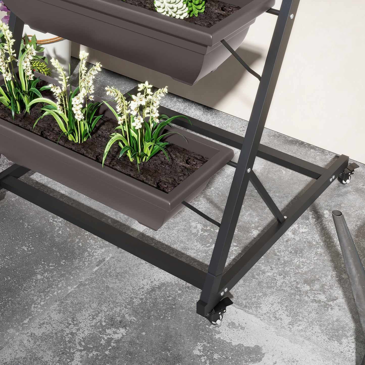 5-Tier Vertical Raised Garden Bed with 5 Planter Boxes, Wheels, Outdoor Plant Stand Grow Container with Leaking Holes for Balcony Patio Outdoor, Brown