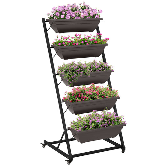 5-Tier Vertical Raised Garden Bed with 5 Planter Boxes, Wheels, Outdoor Plant Stand Grow Container with Leaking Holes for Balcony Patio Outdoor, Brown