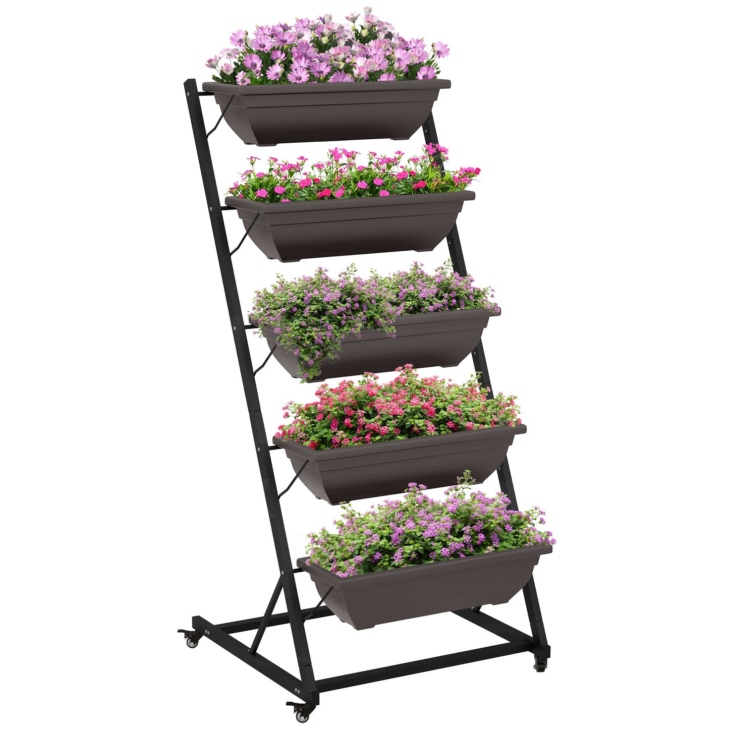 5-Tier Vertical Raised Garden Bed with 5 Planter Boxes, Wheels, Outdoor Plant Stand Grow Container with Leaking Holes for Balcony Patio Outdoor, Brown
