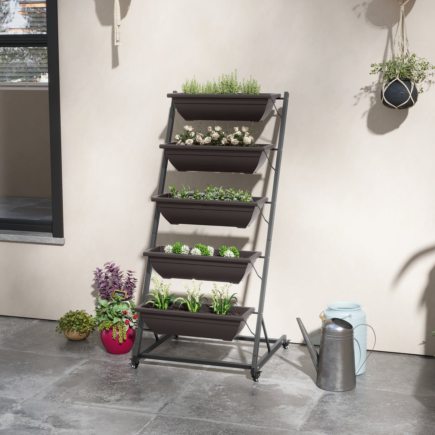 5-Tier Vertical Raised Garden Bed with 5 Planter Boxes, Wheels, Outdoor Plant Stand Grow Container with Leaking Holes for Balcony Patio Outdoor, Brown