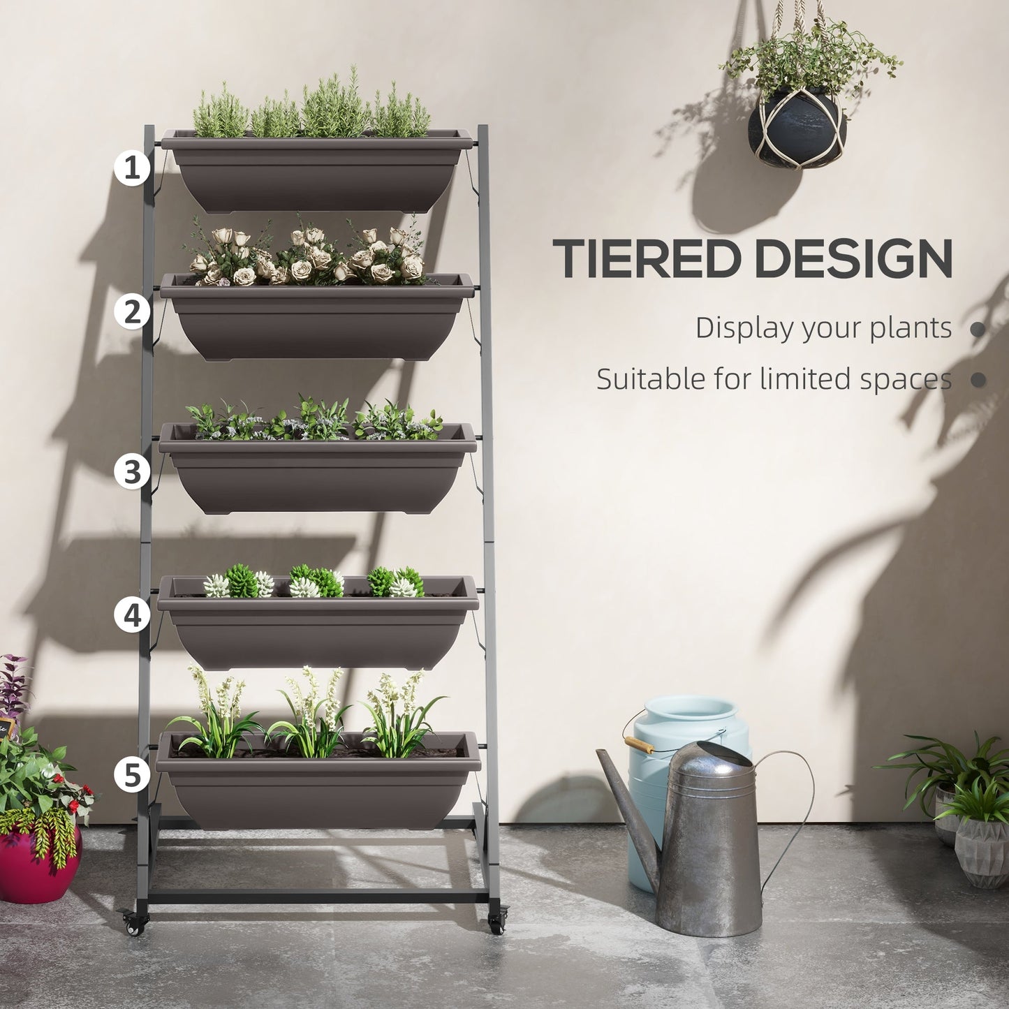 5-Tier Vertical Raised Garden Bed with 5 Planter Boxes, Wheels, Outdoor Plant Stand Grow Container with Leaking Holes for Balcony Patio Outdoor, Brown