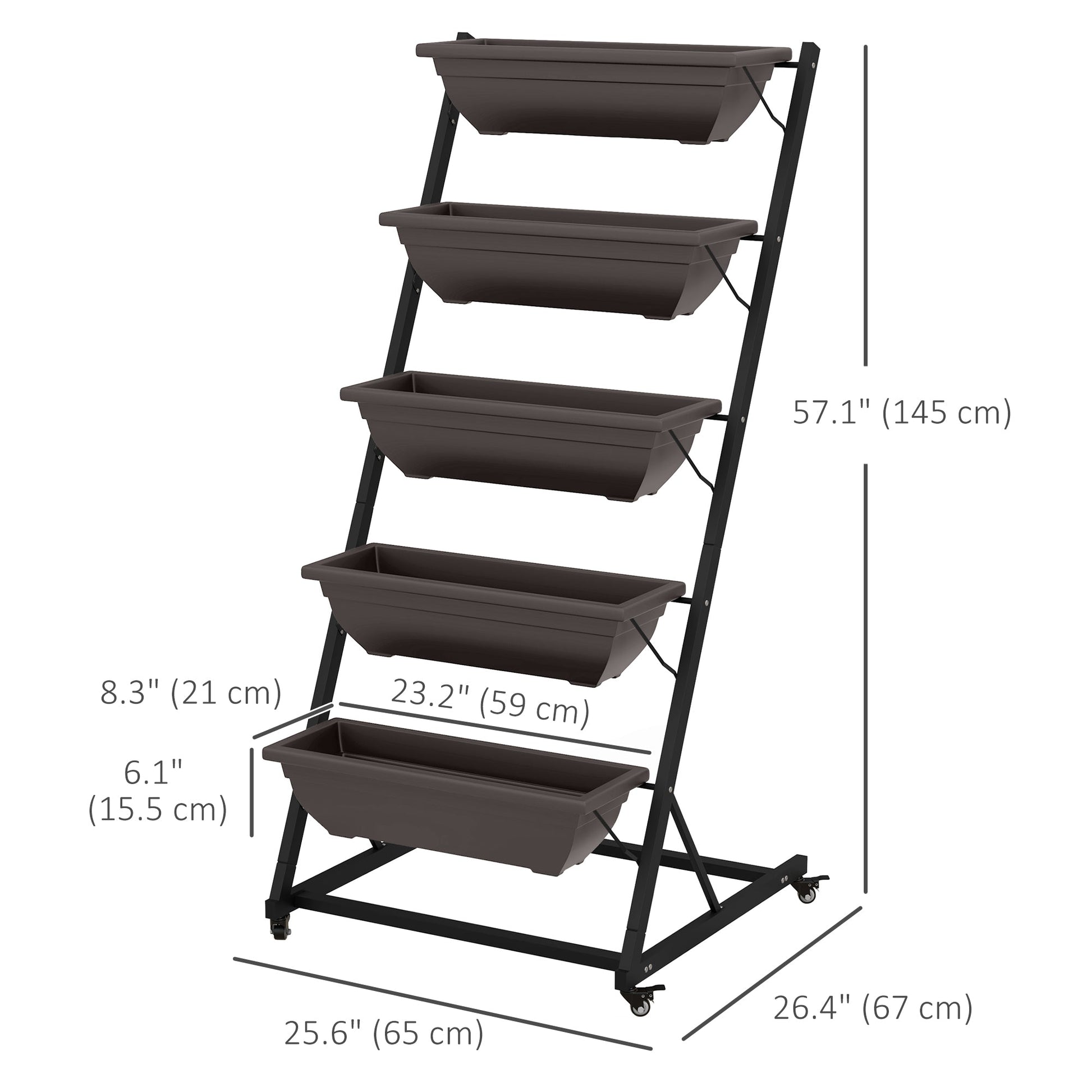 5-Tier Vertical Raised Garden Bed with 5 Planter Boxes, Wheels, Outdoor Plant Stand Grow Container with Leaking Holes for Balcony Patio Outdoor, Brown