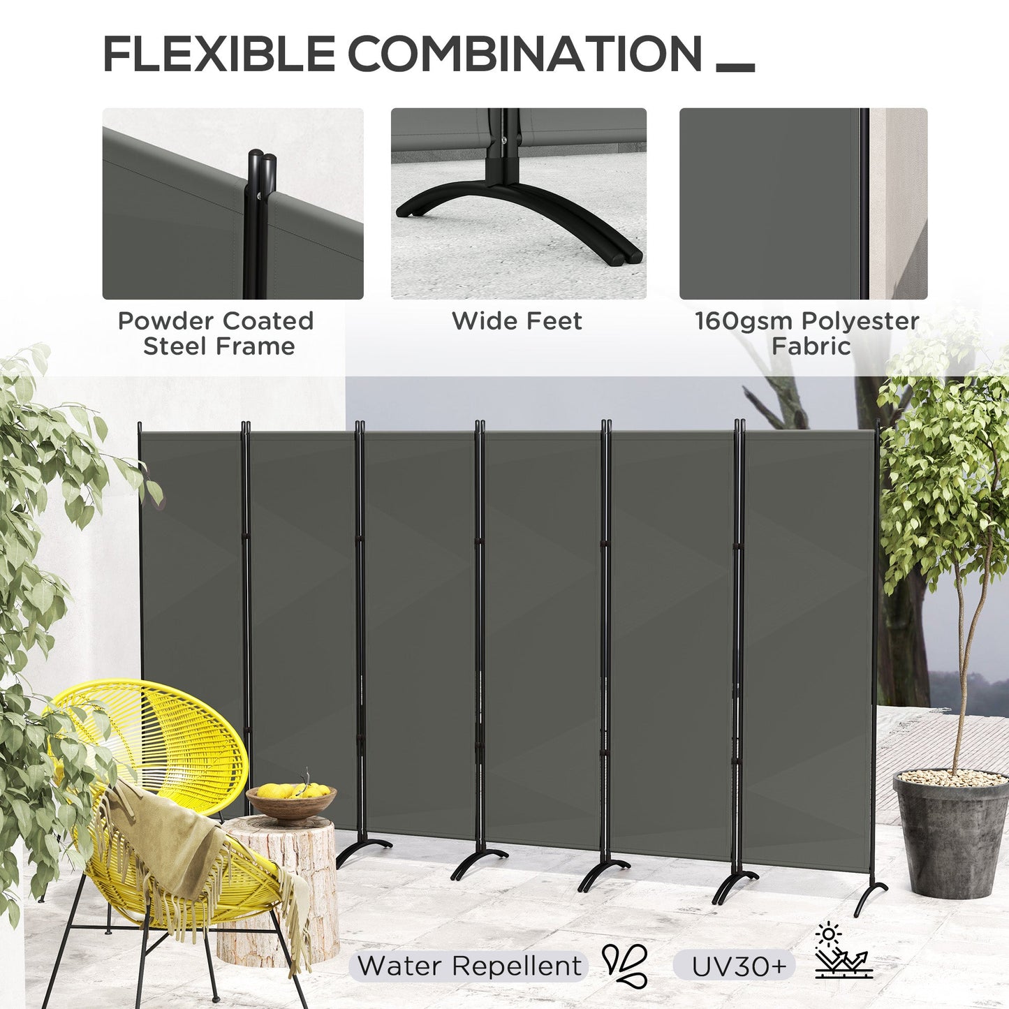 6 Panel Folding Outdoor Privacy Screen, 5.7FT Tall Room Divider with UV30+ Protection, Freestanding Privacy Panel Partition with Stable Base for Indoor Outdoor, Dark Grey