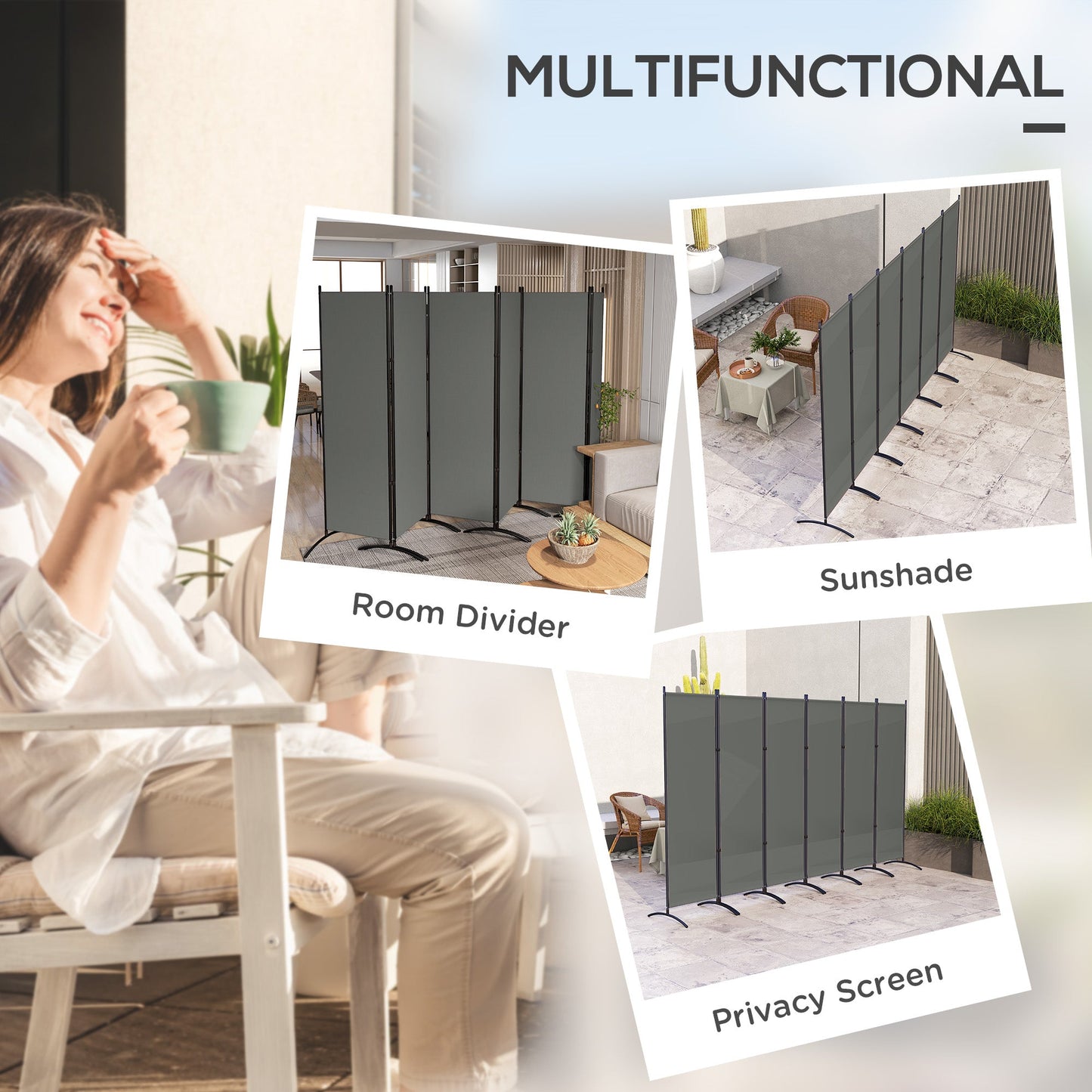 6 Panel Folding Outdoor Privacy Screen, 5.7FT Tall Room Divider with UV30+ Protection, Freestanding Privacy Panel Partition with Stable Base for Indoor Outdoor, Dark Grey